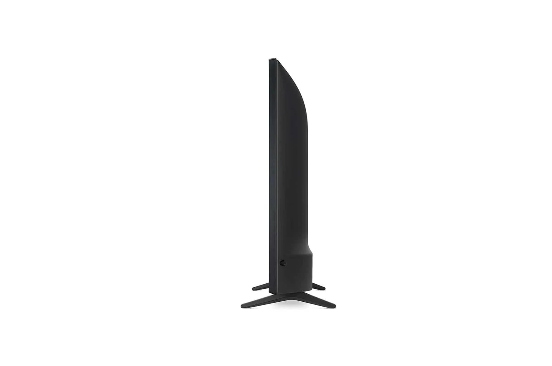 TV nero visto di lato, su sfondo bianco. Design elegante e moderno.