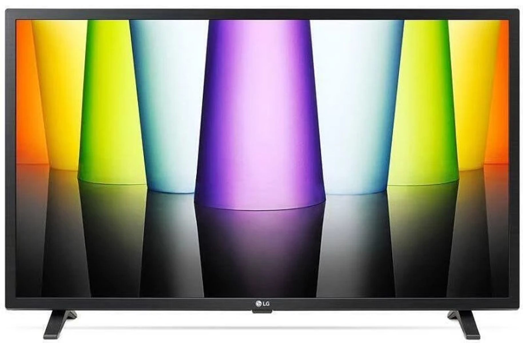Una TV LG nera che mostra forme astratte colorate, su una superficie bianca.