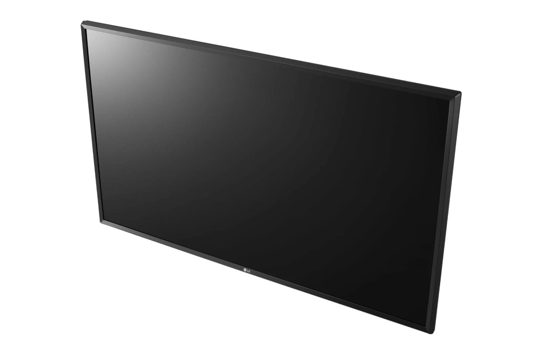 Un televisore LG nero è posizionato ad angolo su uno sfondo bianco.