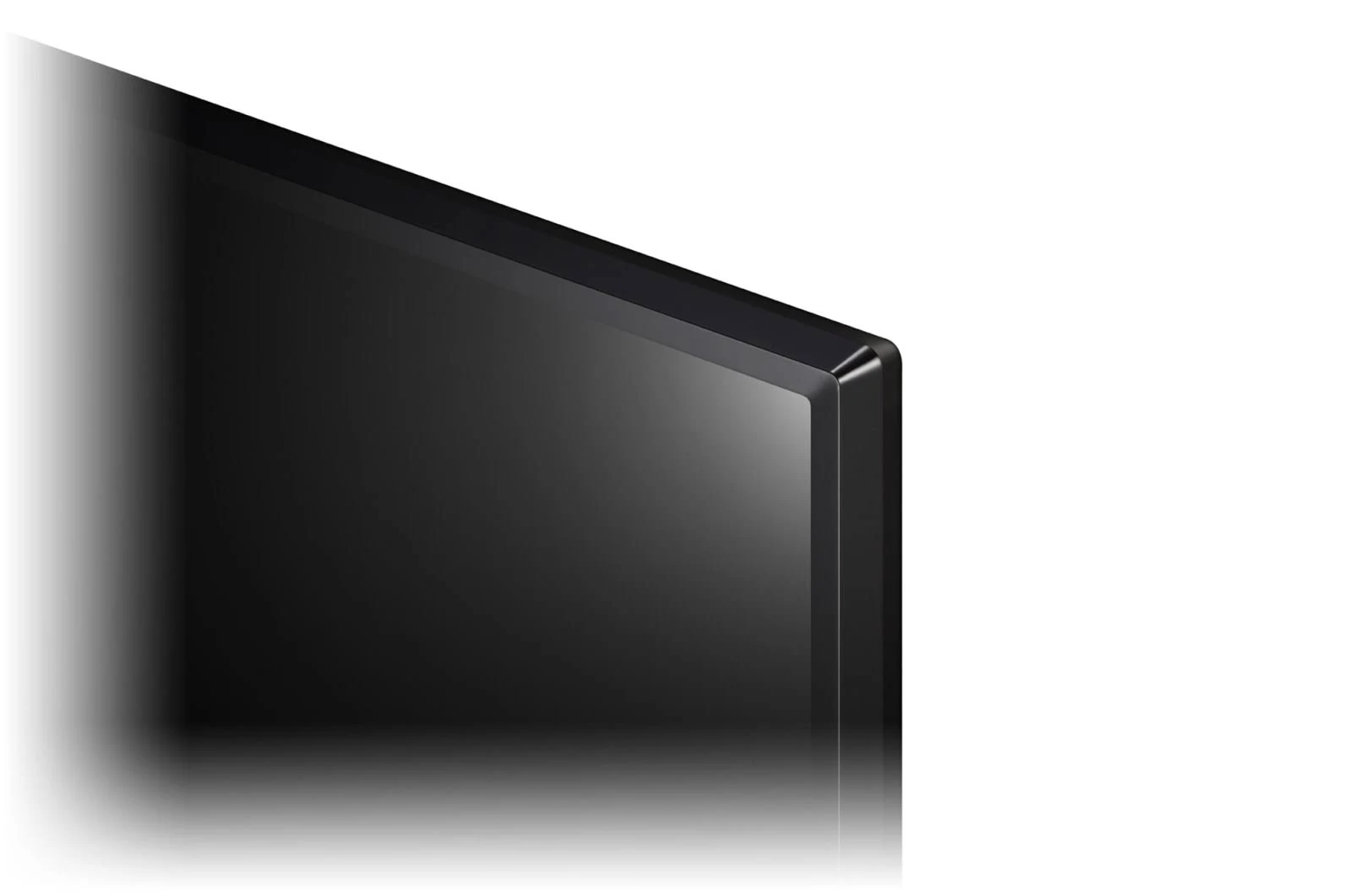 Primo piano dell'angolo di uno schermo TV. Schermo nero con cornice nera.