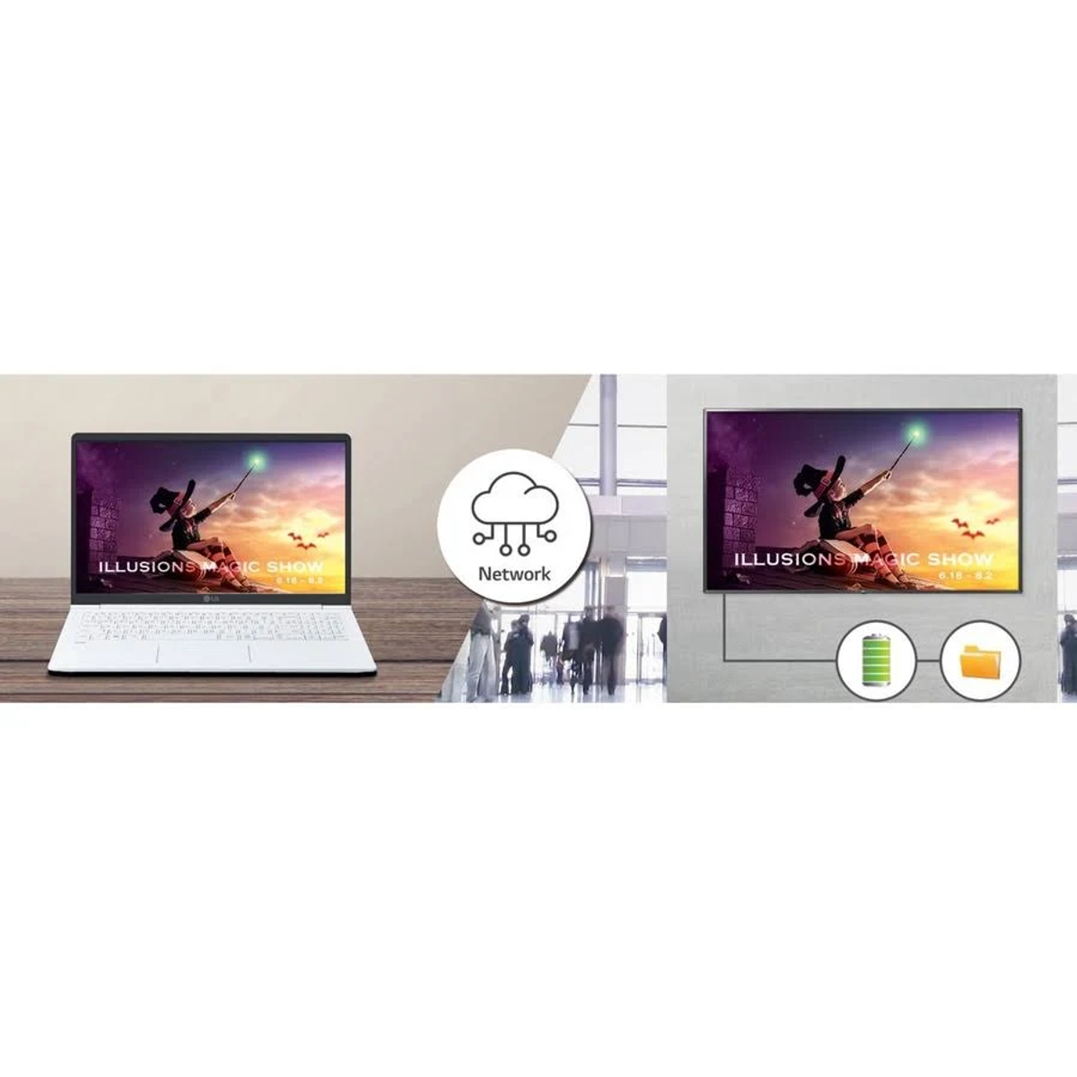 Laptop e TV mostrano la stessa immagine, collegati da un simbolo di rete.