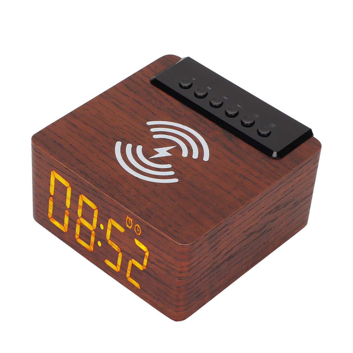 Eine holzfarbene, würfelförmige Uhr mit Digitalanzeige, Ladesymbol und Knöpfen.
