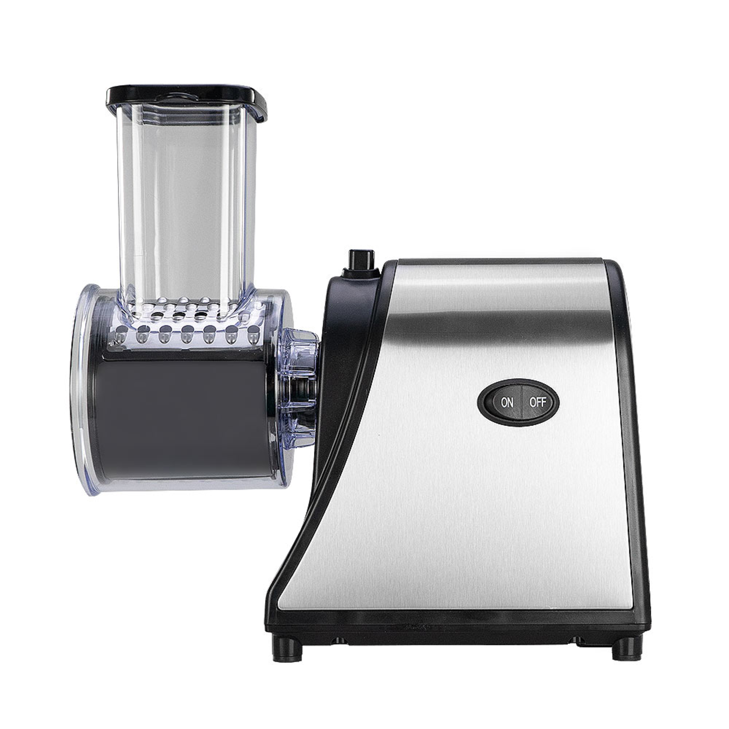 Silber-schwarzer Foodprozessor. Der obere Bereich ist transparent.