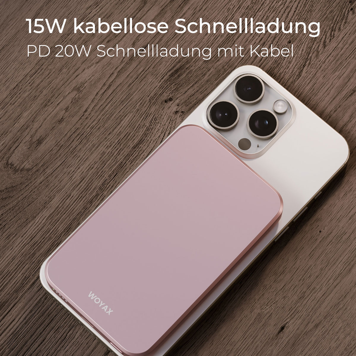 Ahşap yüzeyde telefonlu pembe powerbank. Metin: 15W kablosuz, 20W kablolu.