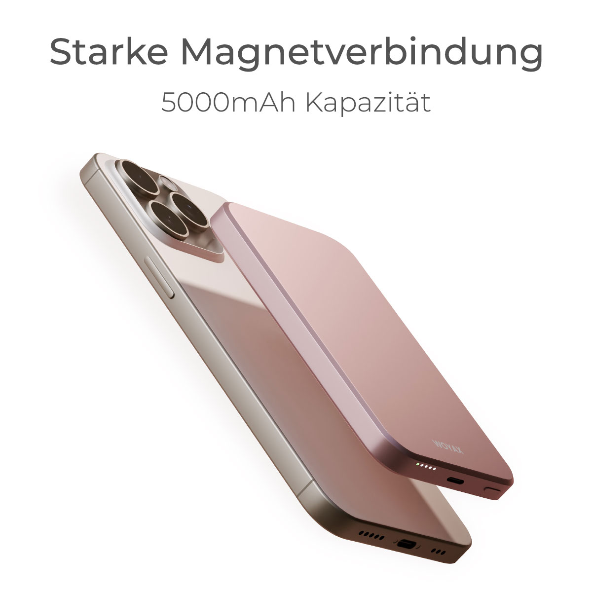 Üzerinde telefon olan pembe kablosuz şarj cihazı. Telefon ve şarj cihazı gül altın renginde.