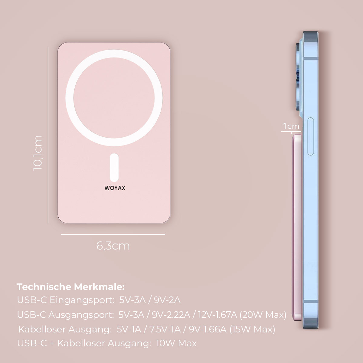 Beyaz bir daire ve yanında bir telefon bulunan pembe bir kablosuz şarj pedi. Boyutlar resimde gösterilmektedir.