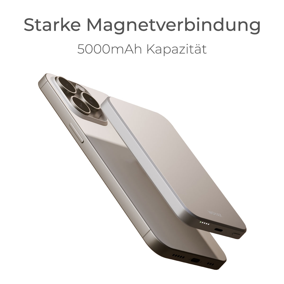 Üst üste iki gümüş telefon, güçlü manyetik bağlantı hakkında bir metinle.