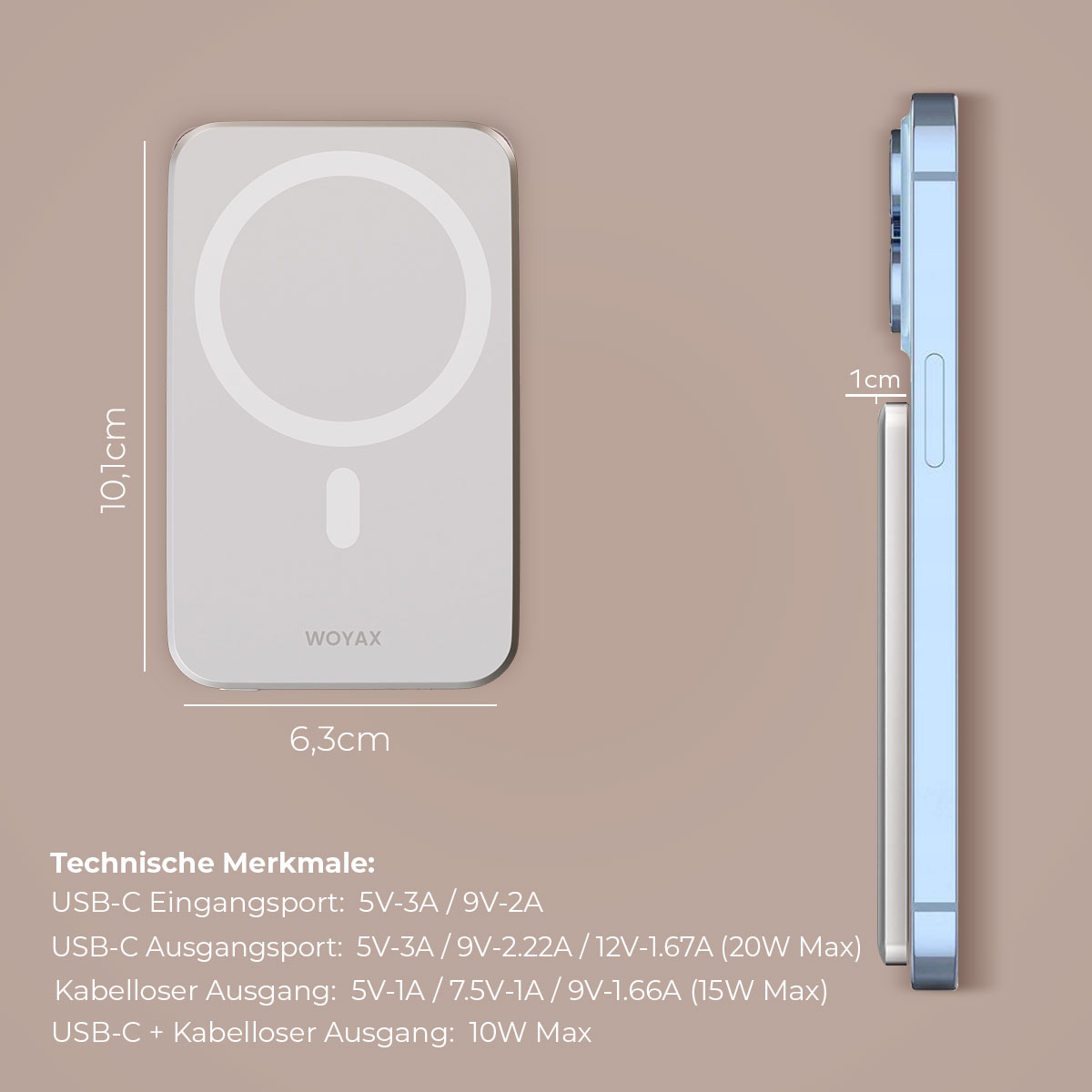 Beyaz kablosuz şarj cihazı ve telefon, 10,1 cm x 6,3 cm. Teknik özellikler Almanca.