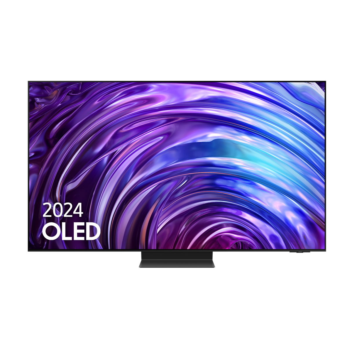 Un televisor OLED 2024 muestra colores arremolinados en púrpura y azul en su pantalla.