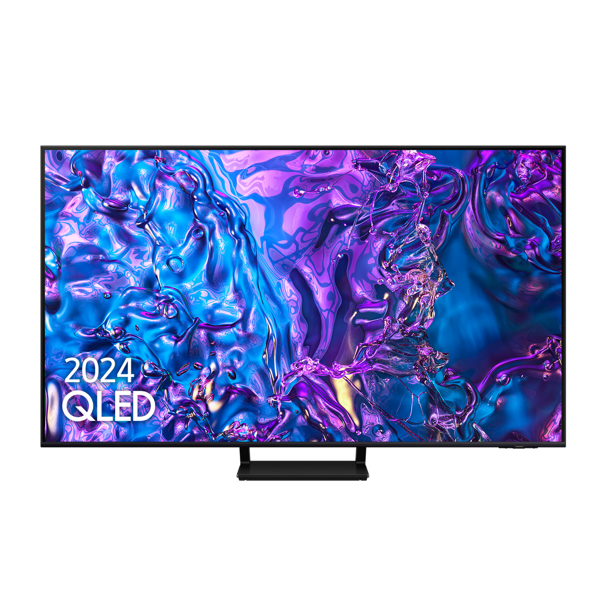 Una pantalla de TV grande y negra muestra una imagen abstracta colorida. El texto 