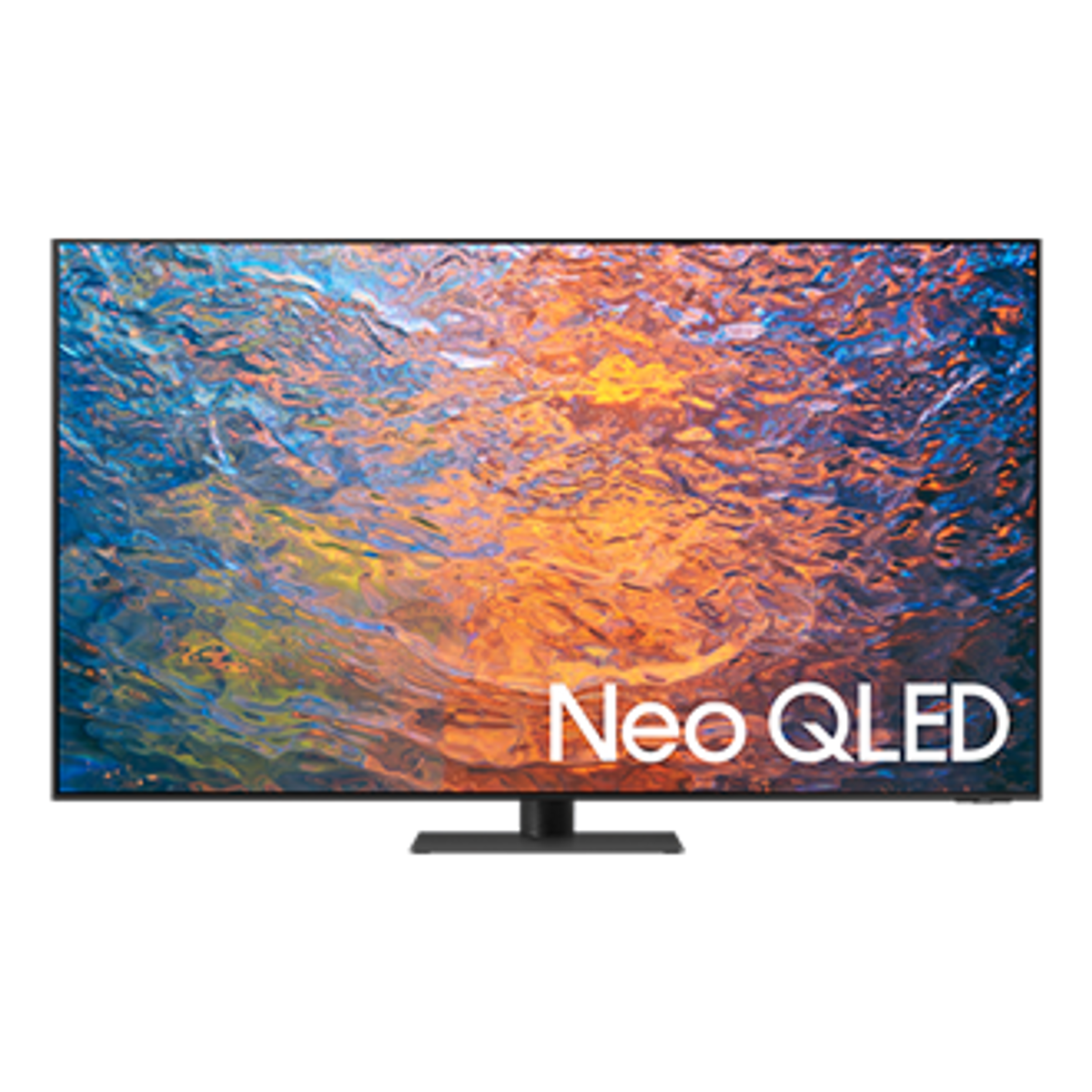 TV Neo QLED mostrando arte abstracto colorido sobre fondo negro.