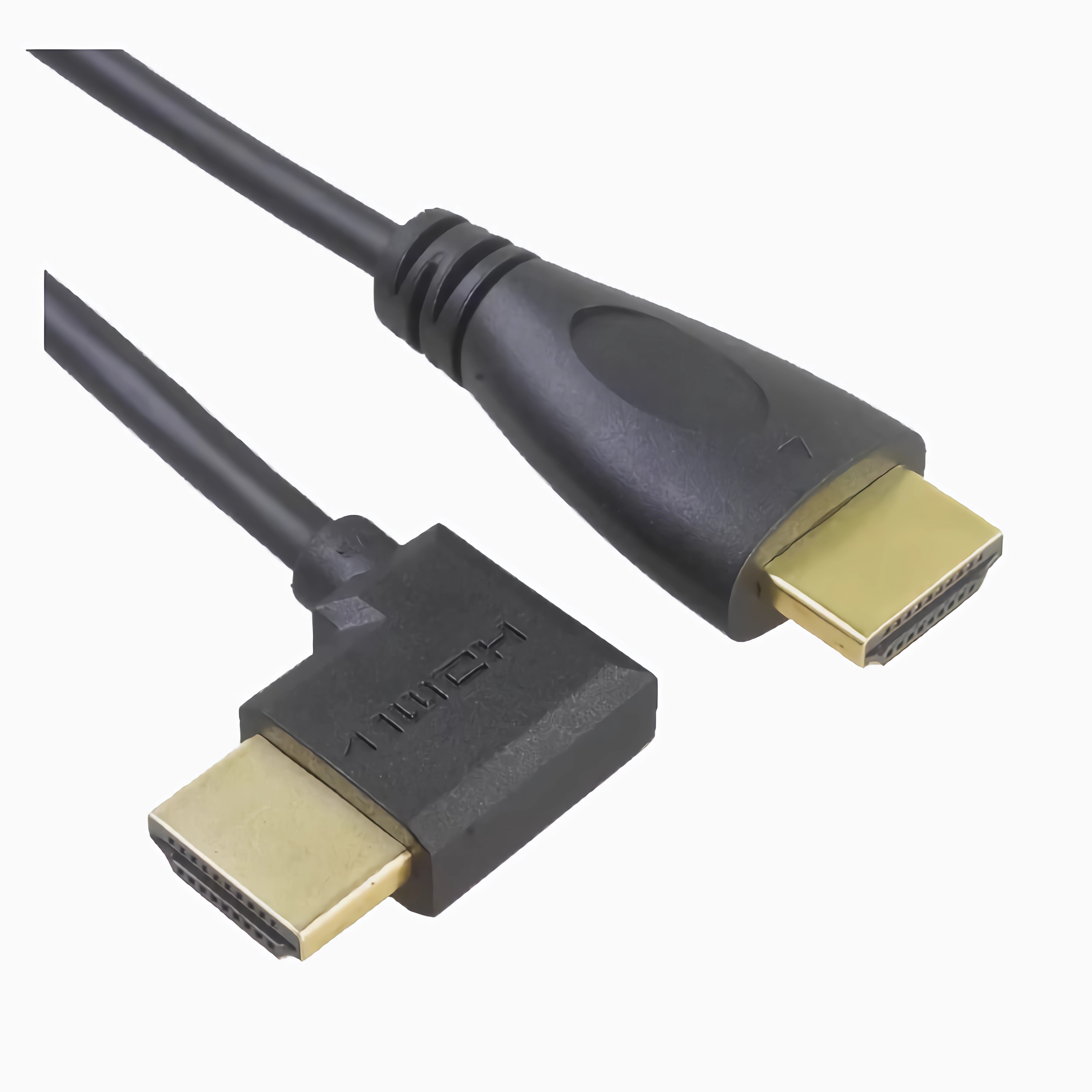 Schwarze HDMI-Kabel, eines gerade, eines um 90 Grad abgewinkelt. Goldstecker sichtbar.