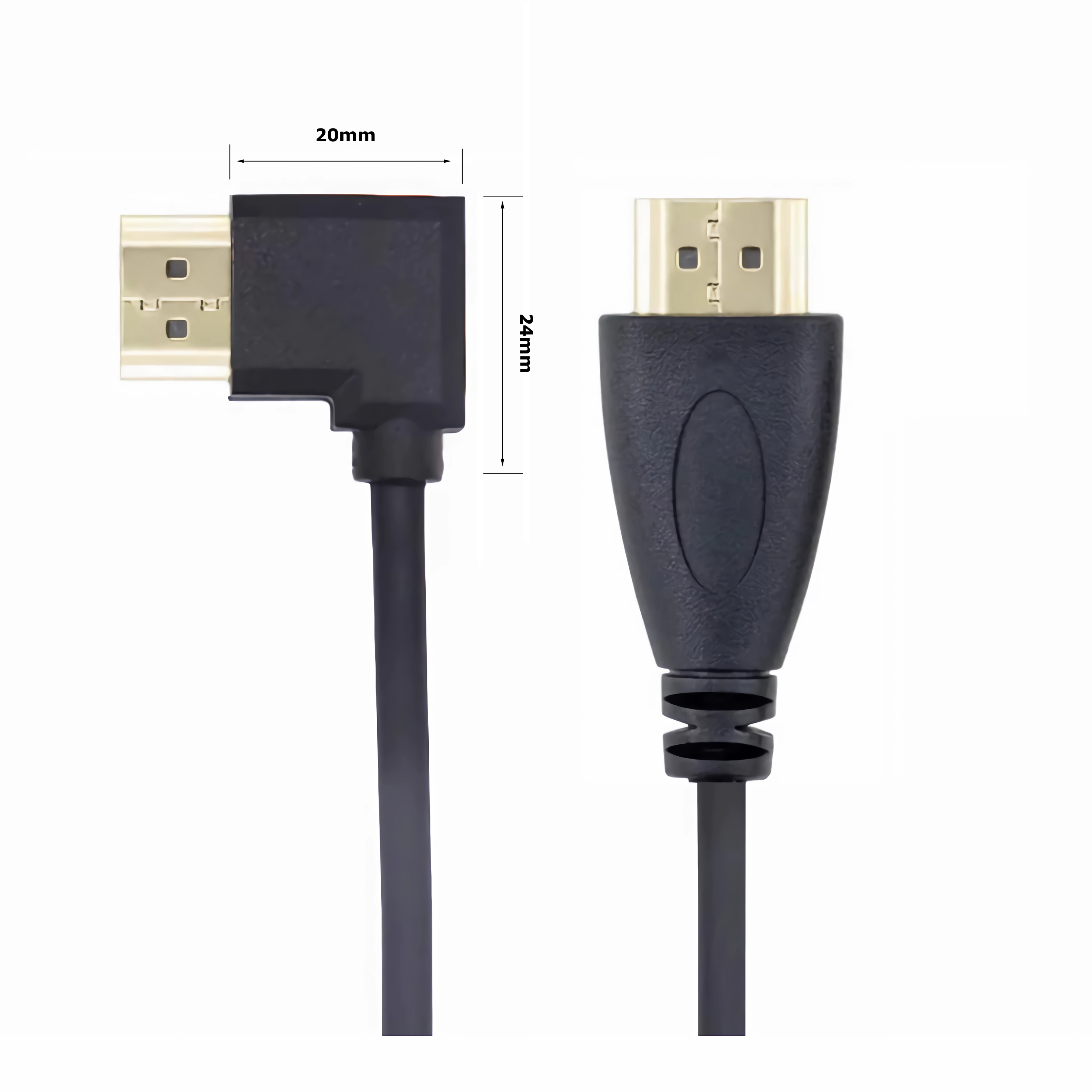 Ein HDMI-Kabel mit Anschlüssen. Die Abmessungen betragen 20 mm x 24 mm. Das Kabel ist schwarz.
