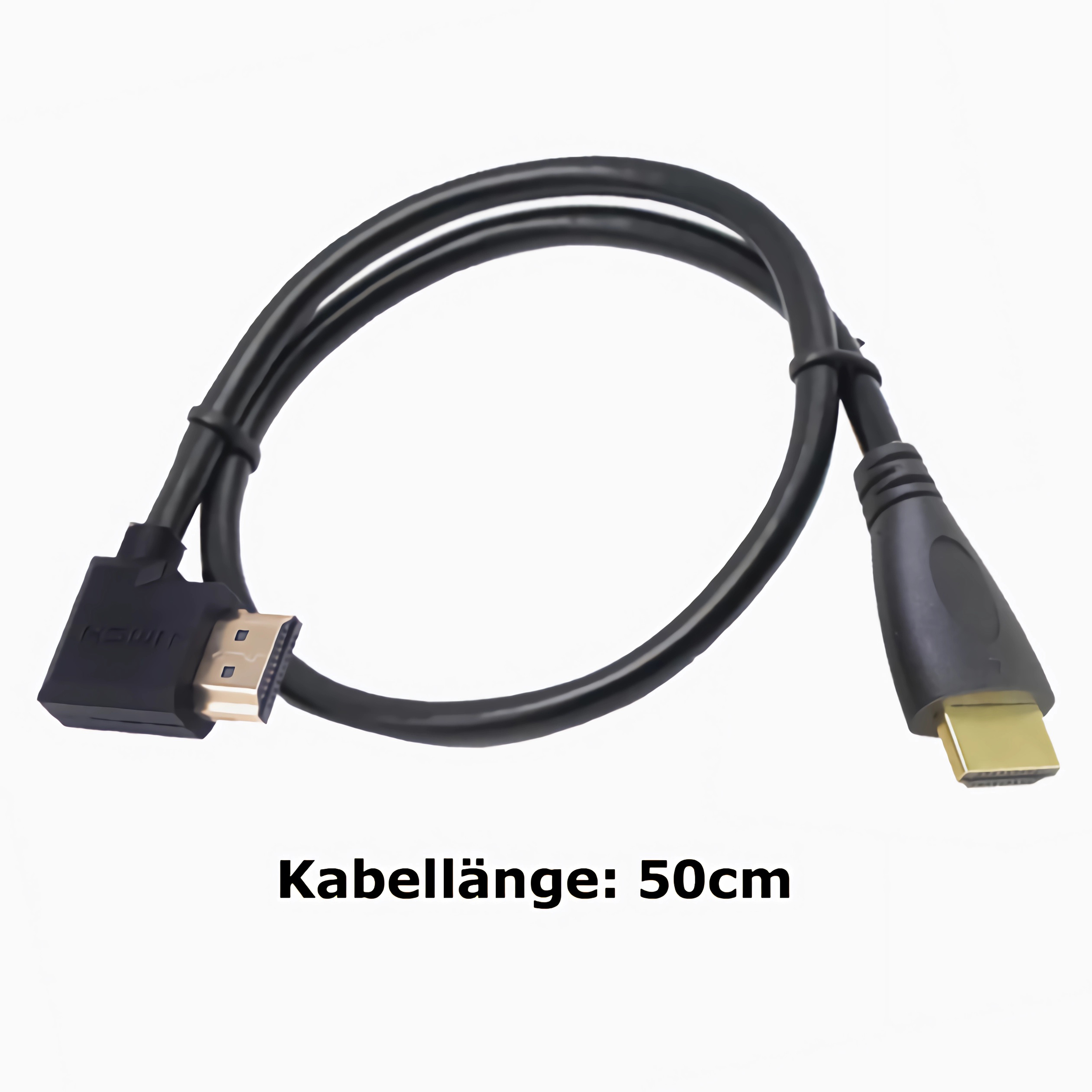 Schwarzes HDMI-Kabel mit 90-Grad-Anschluss und geradem Anschluss.