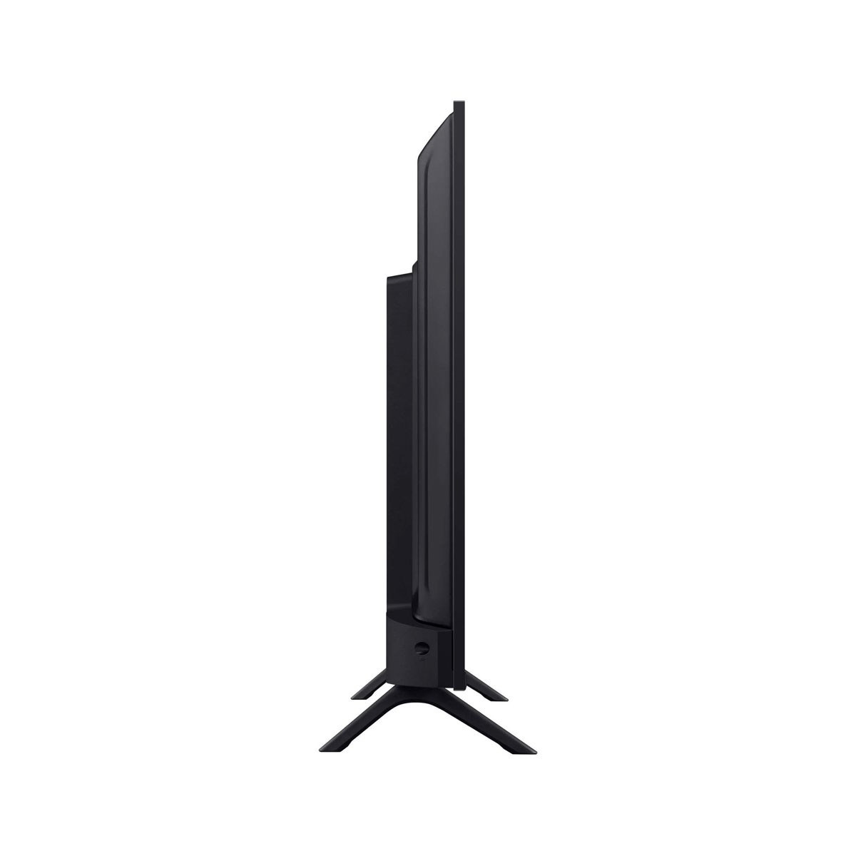 Schwarzer Fernseher, Seitenansicht, steht auf zwei Füßen vor weißem Hintergrund.