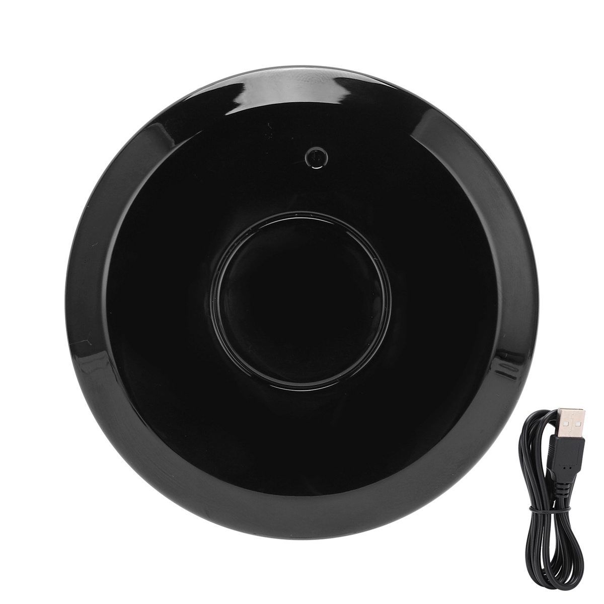 Ein schwarzes, rundes Gerät mit einem USB-Kabel. Es hat einen kleinen mittleren Knopf und ein rundes Design.