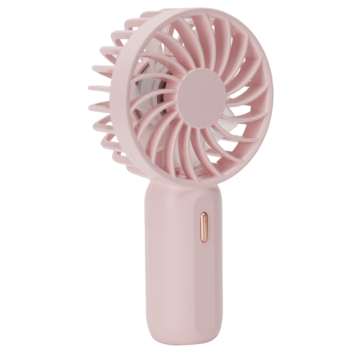Ein rosa Mini-Handventilator mit Spiralblättern und einem Griff.