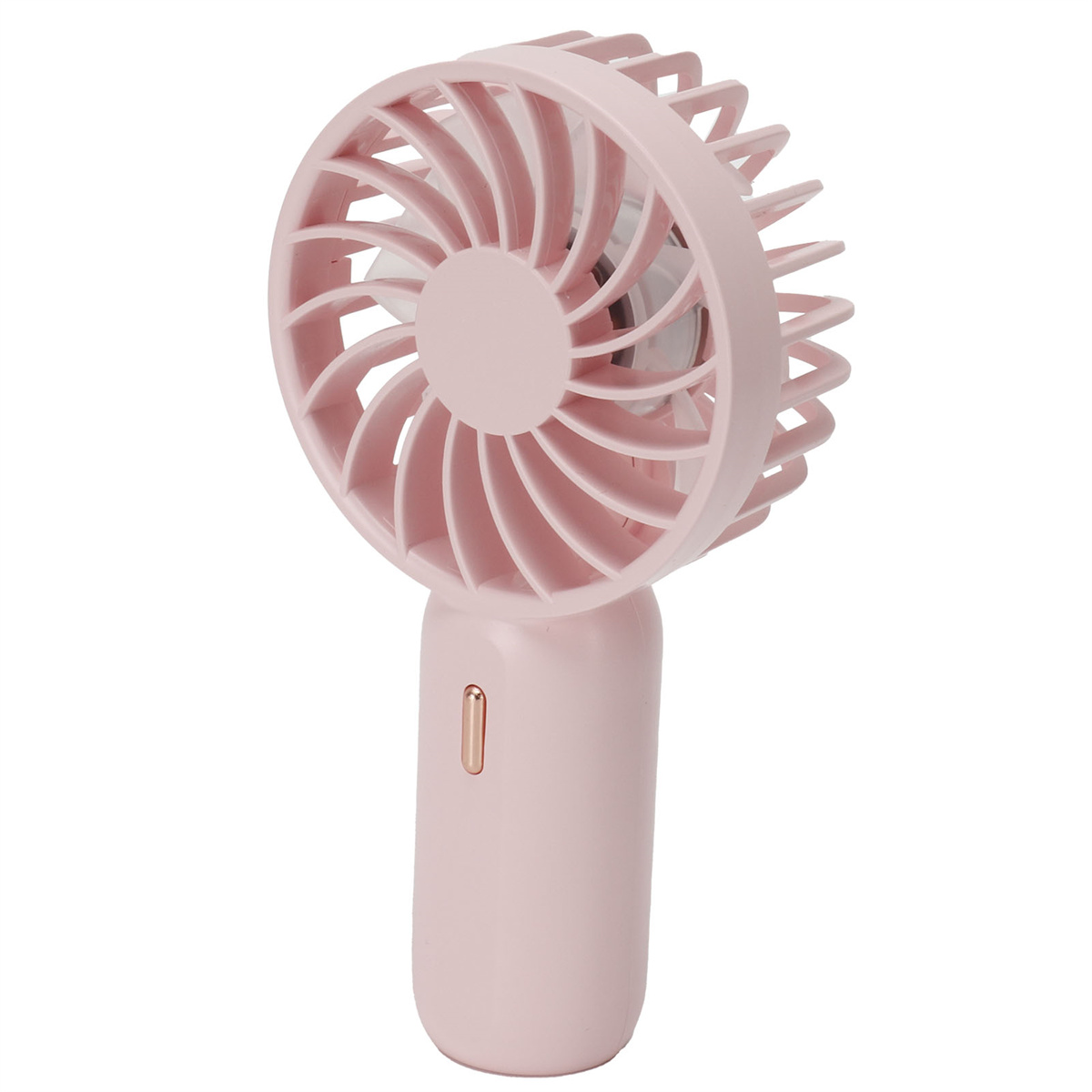 Ein rosa Handventilator mit rosa Griff und Schutzgitter.