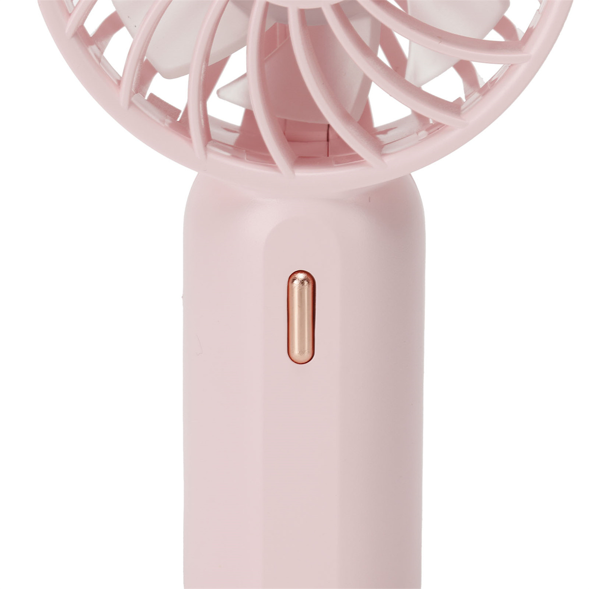 Rosa Handventilator. Der Ventilator hat weiße Flügel. Es gibt eine einzige Taste am Griff.