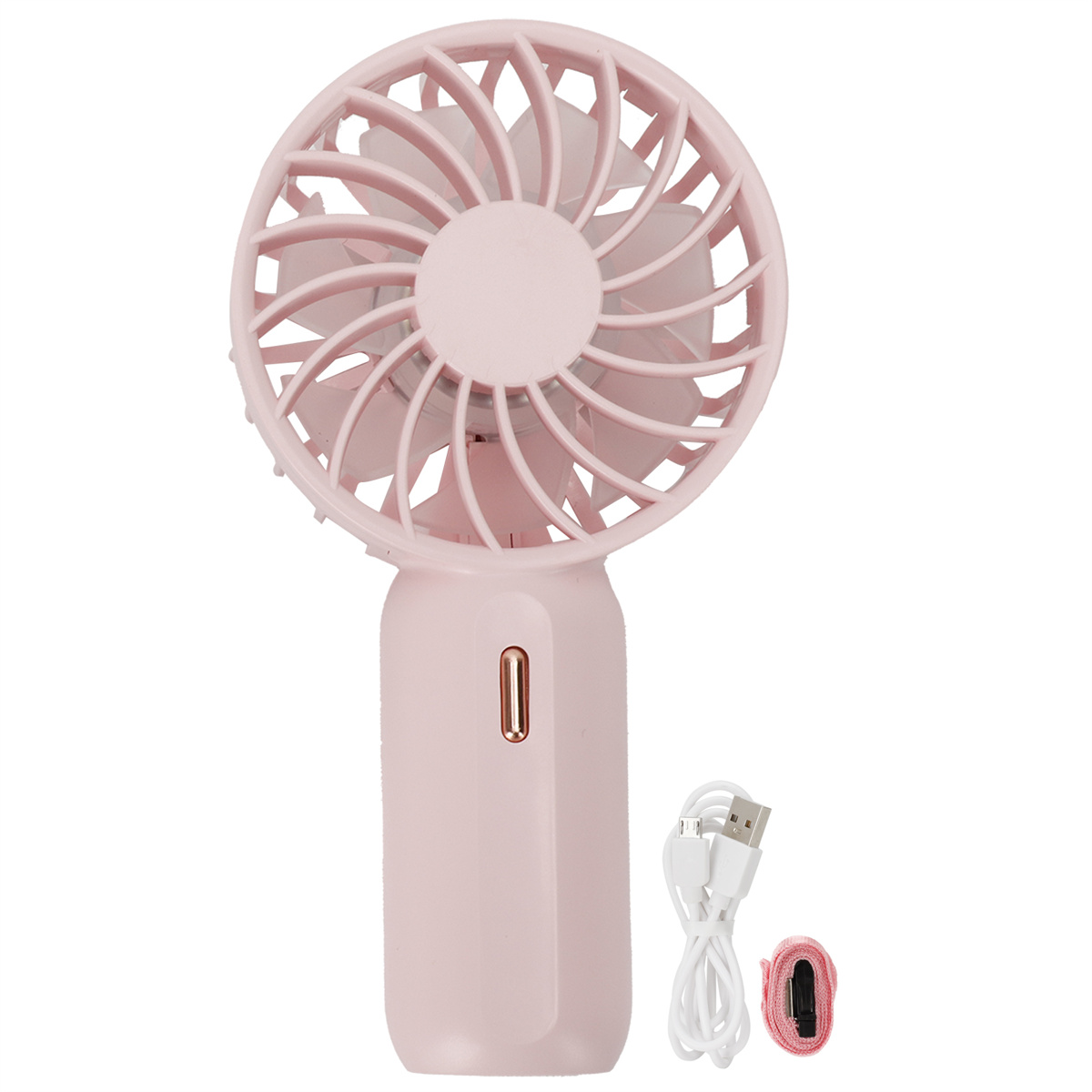 Rosa Handventilator mit Flügeln, Griff und USB-Kabel. Weißer Hintergrund.