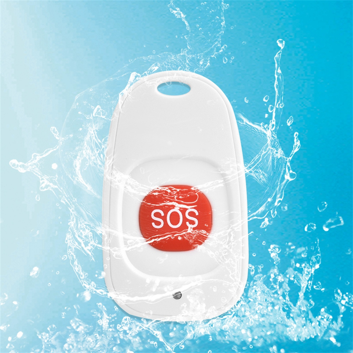 Weißer SOS-Knopf mit roter Mitte, umgeben von Wasserspritzern. Blauer Farbverlauf im Hintergrund.