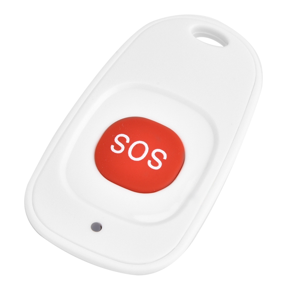 Ein weißes SOS-Notfallgerät mit roter Taste mit der Aufschrift „SOS“. Der Hintergrund ist weiß.
