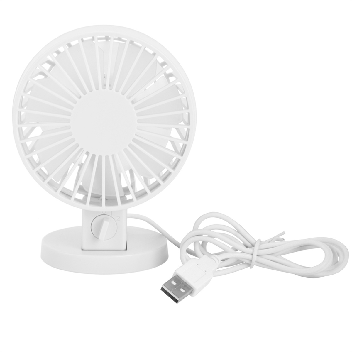 Dunkelblauer Nackenventilator mit zwei Ventilatorköpfen und einem Bedienknopf.