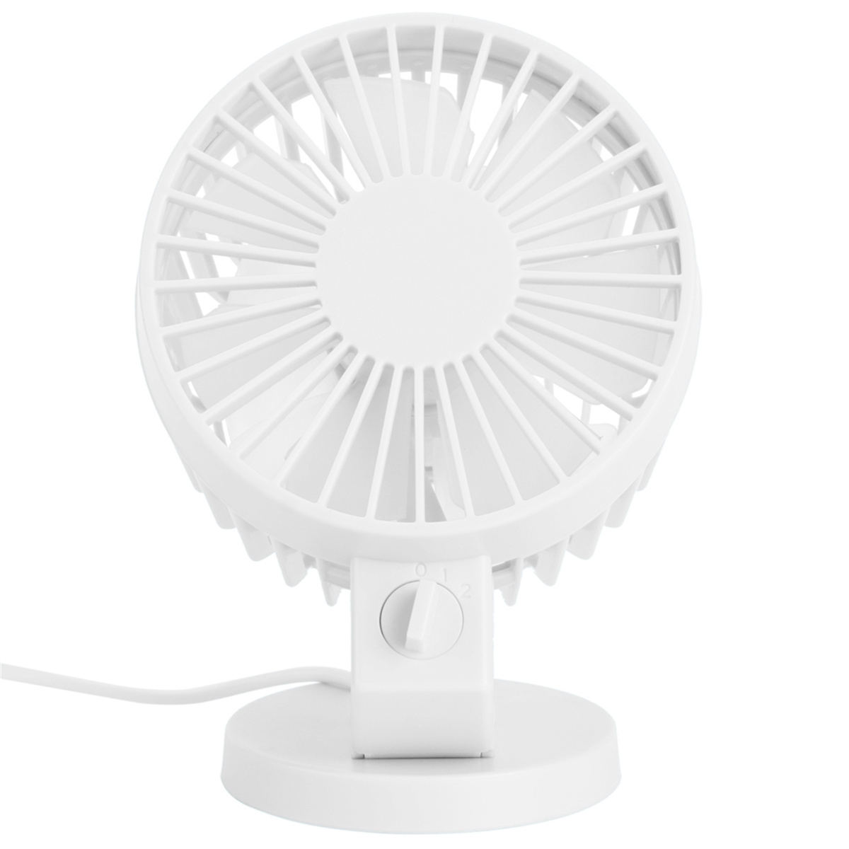 Weißer Schreibtischventilator mit rundem Sockel und Drehknopf 0-2.