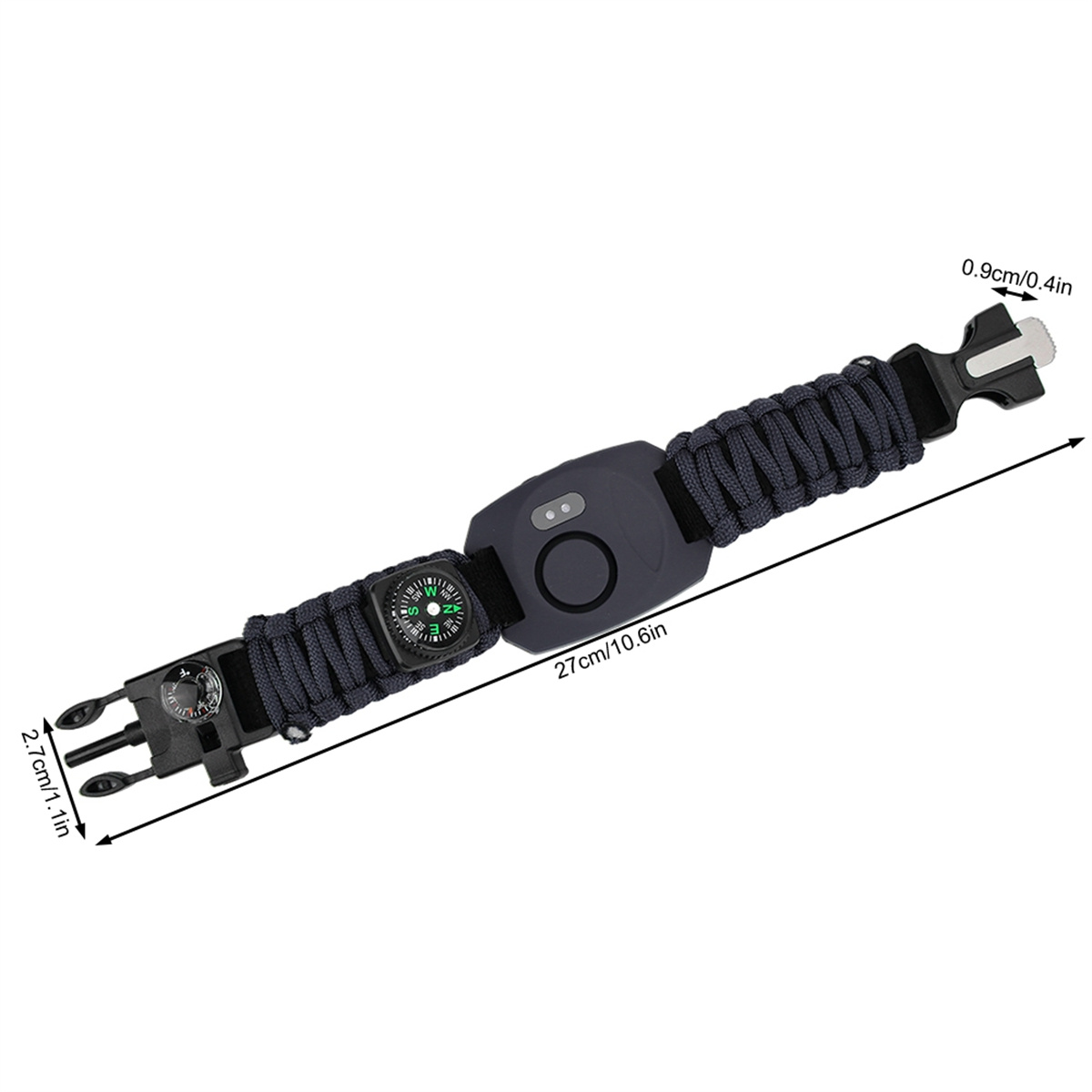 Ein schwarzes Survival-Armband mit Kompass und Maßangaben vor weißem Hintergrund.