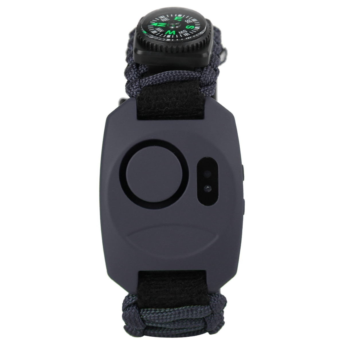 Graues Survival-Armband mit Kompass und schwarzer Schnalle mit zwei Knöpfen.