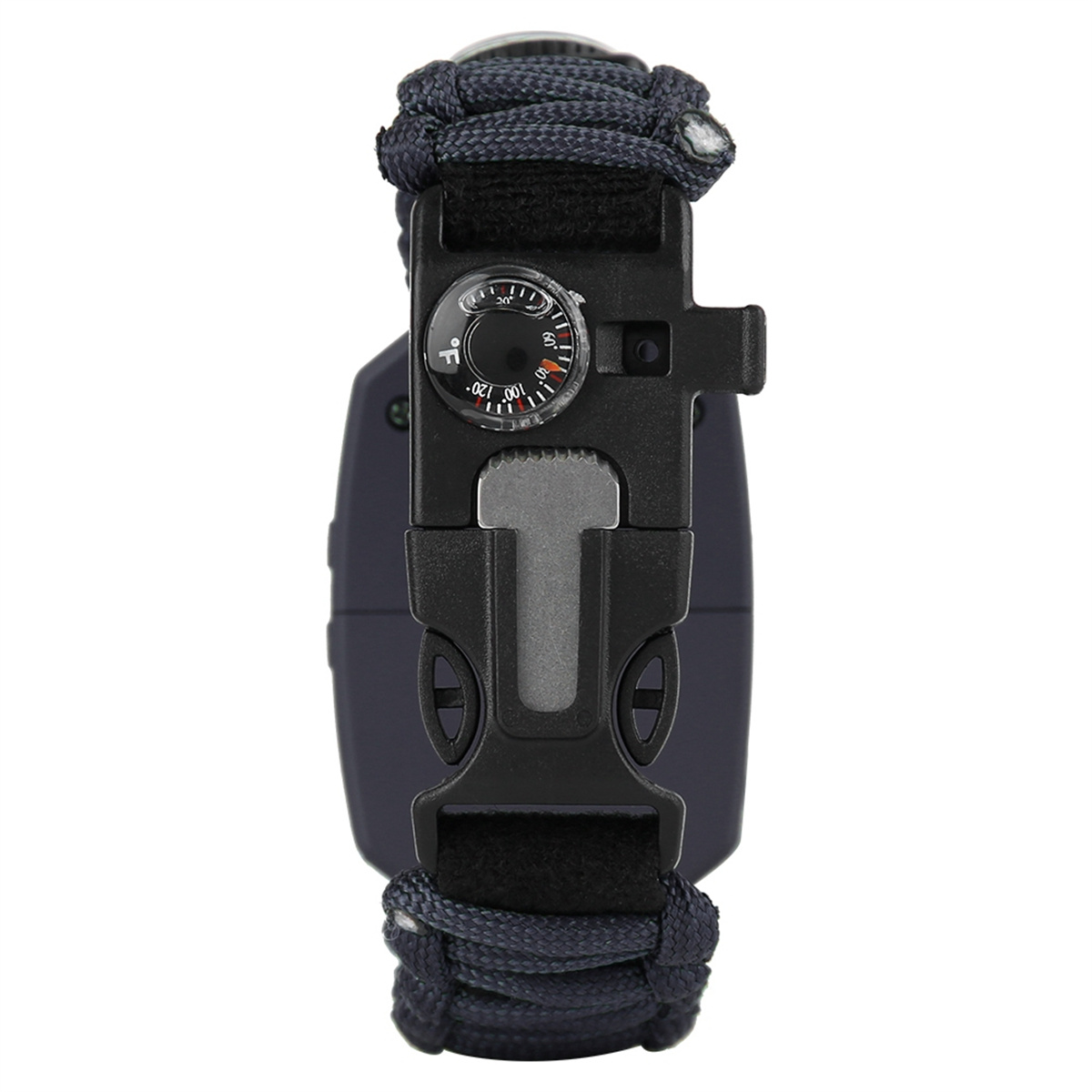 Eine schwarze Uhr mit Kompass und schwarzen Armbändern.
