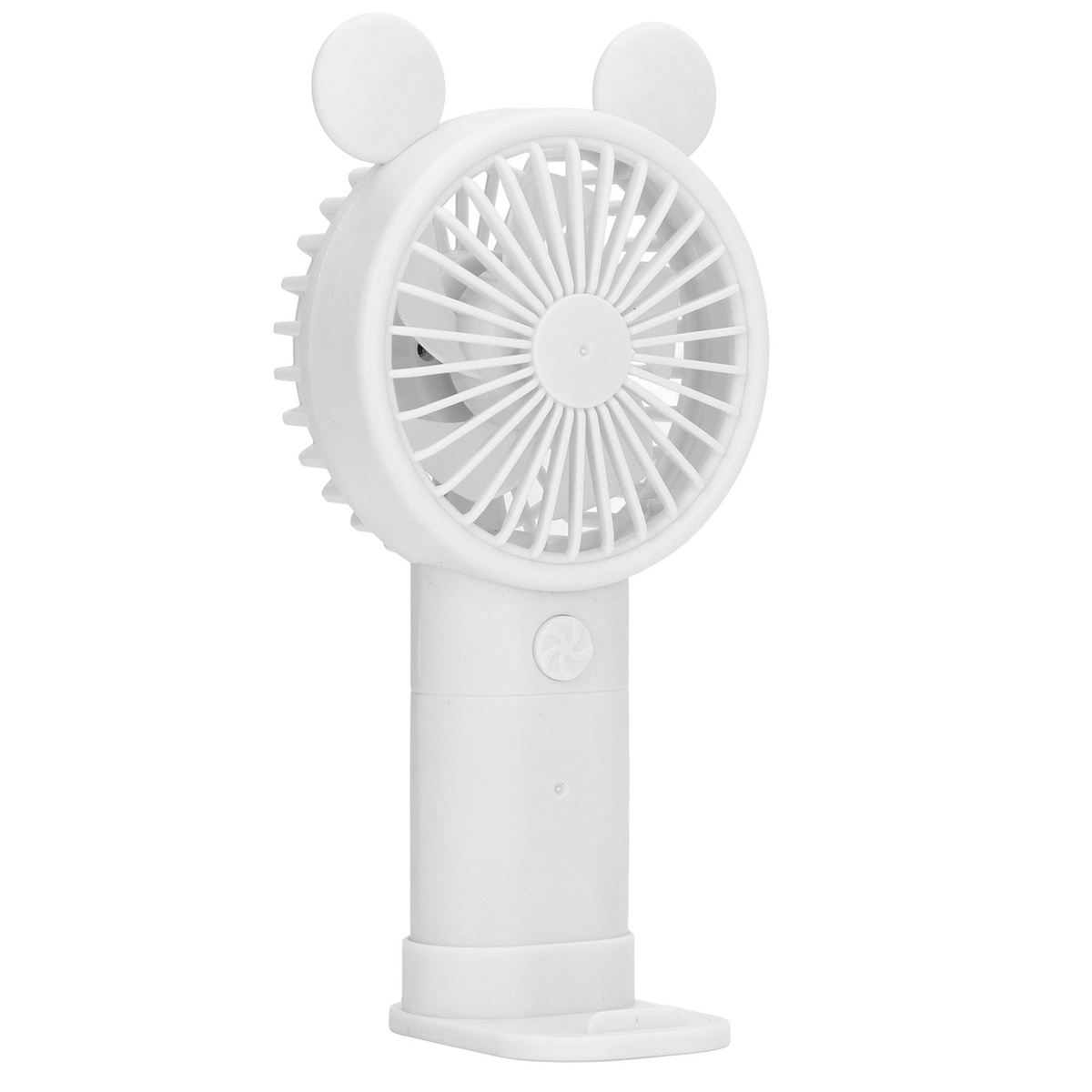 Weißer tragbarer Ventilator mit rundem Design und zwei weißen Ohren oben. Mit Ständer und Knopf.