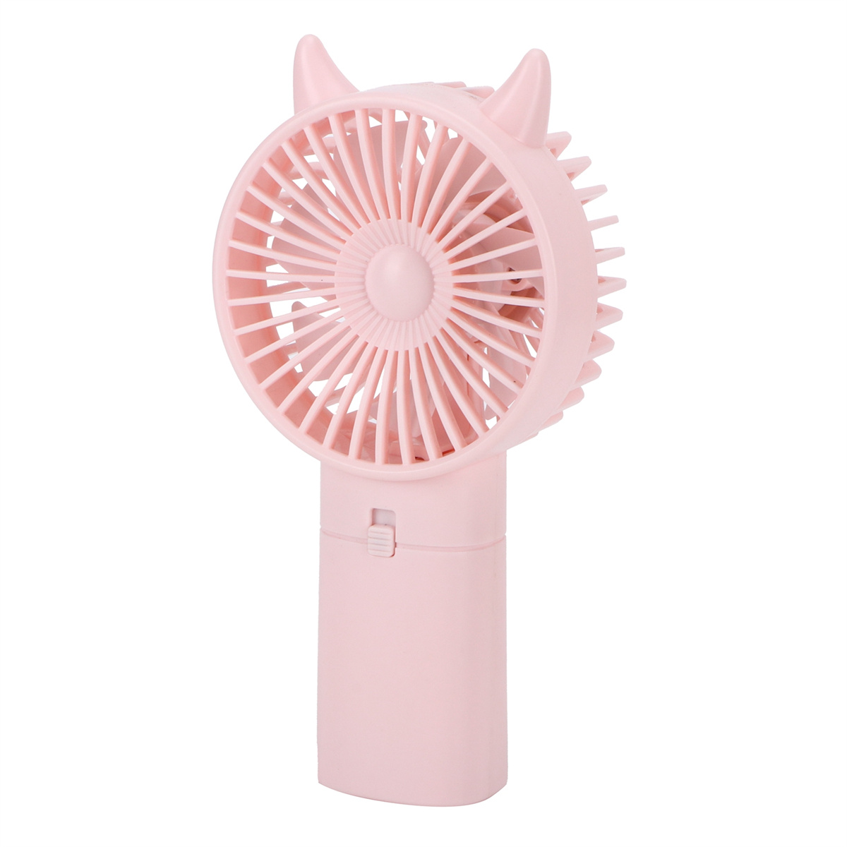 Ein pinkfarbener, tragbarer Ventilator mit Teufelshörner-Design, vor weißem Hintergrund.