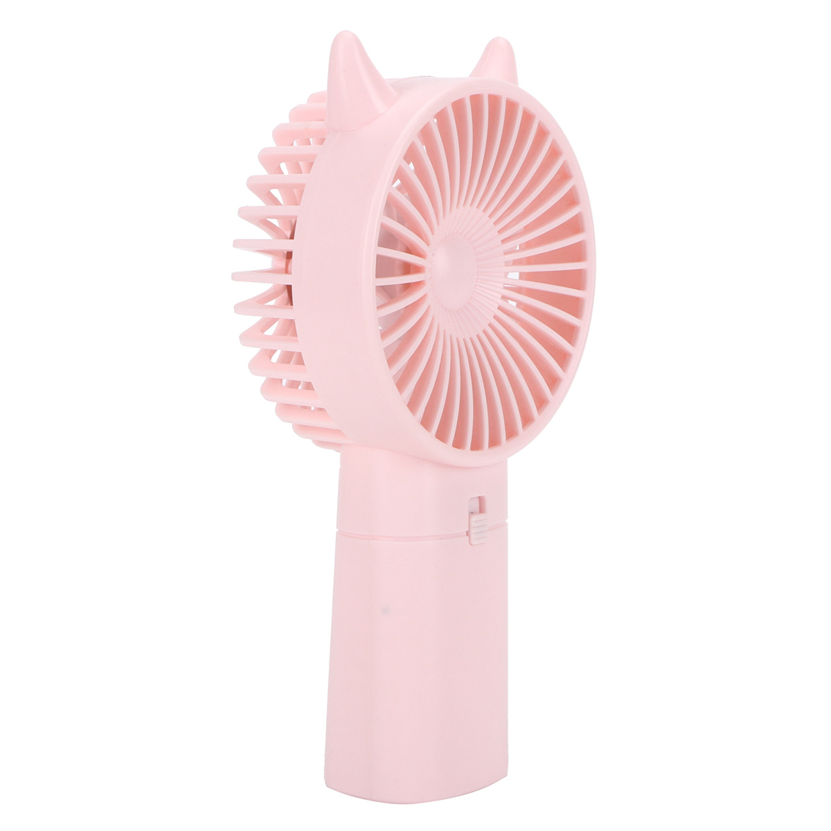 Ein rosa Handventilator, geformt wie eine Katze mit Ohren. Es hat mehrere Flügel und einen Griff.