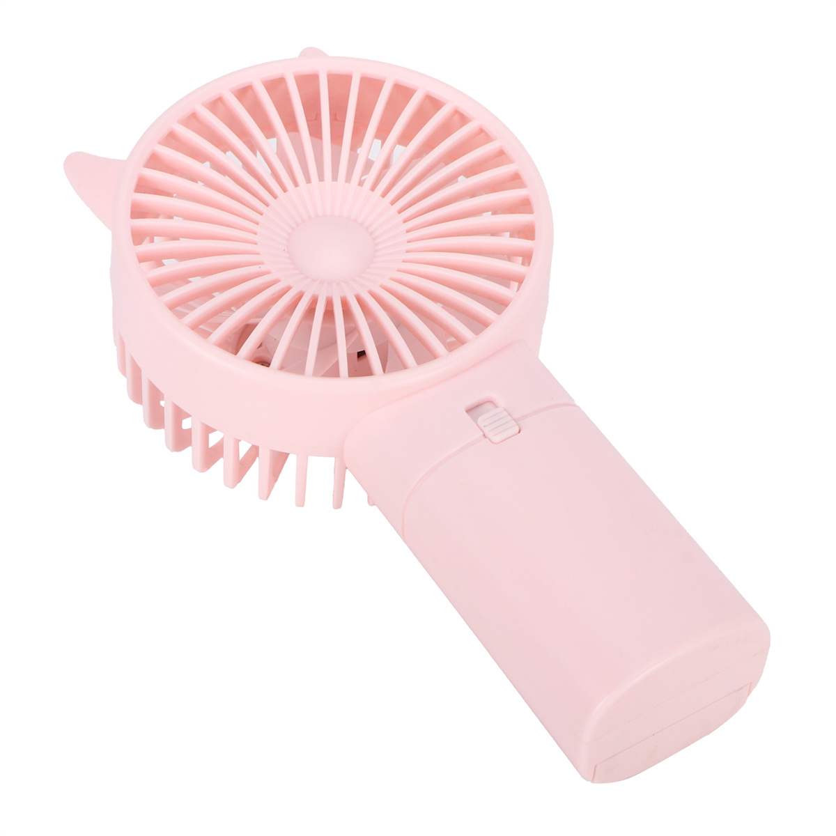 Pinker Handventilator mit Griff und Schutzgitter.