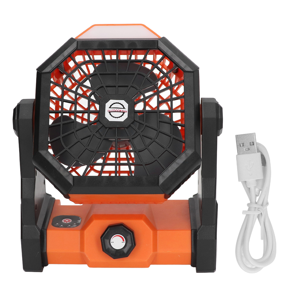 Oranger und schwarzer Ventilator. USB-Kabel angeschlossen. Weißer Hintergrund.