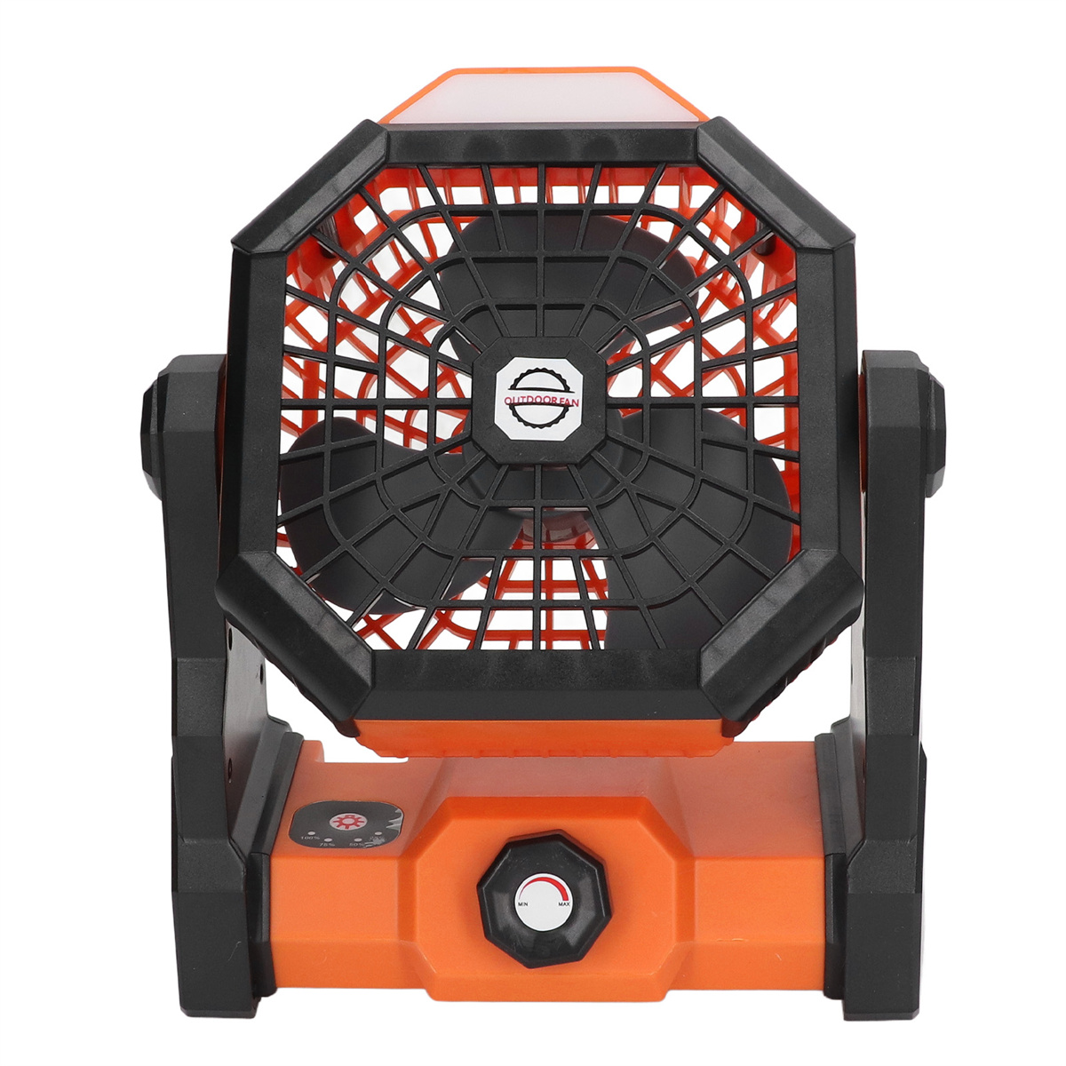 Ein tragbarer Lüfter in Orange und Schwarz. Er hat ein Schutzgitter und einen Bedienknopf.