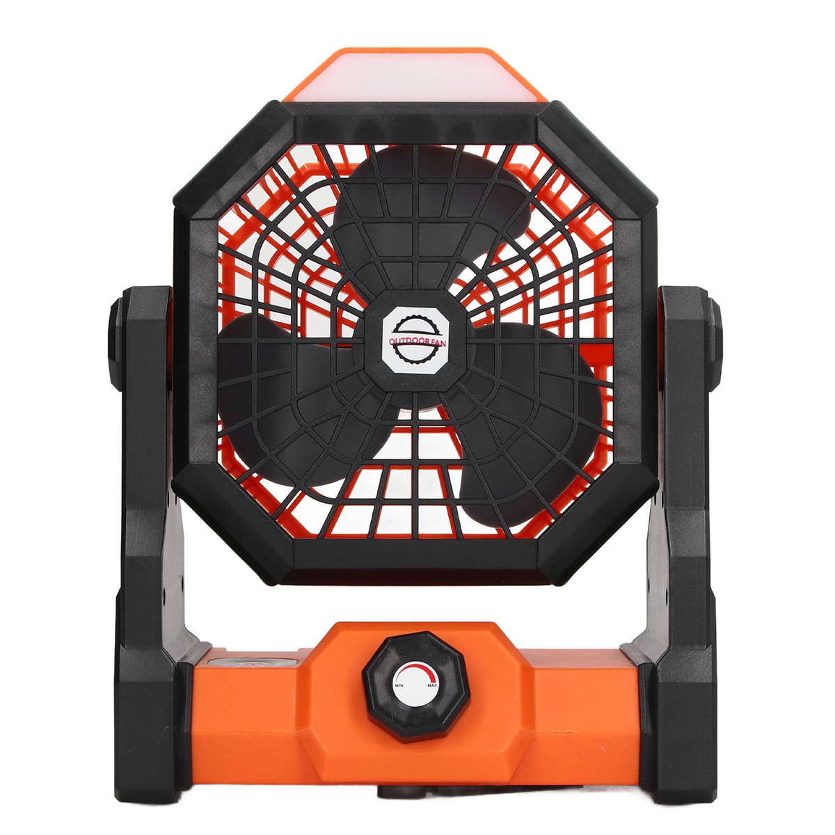 Orange-schwarzer Ventilator mit Schutzgitter. Unten befindet sich ein Drehregler.