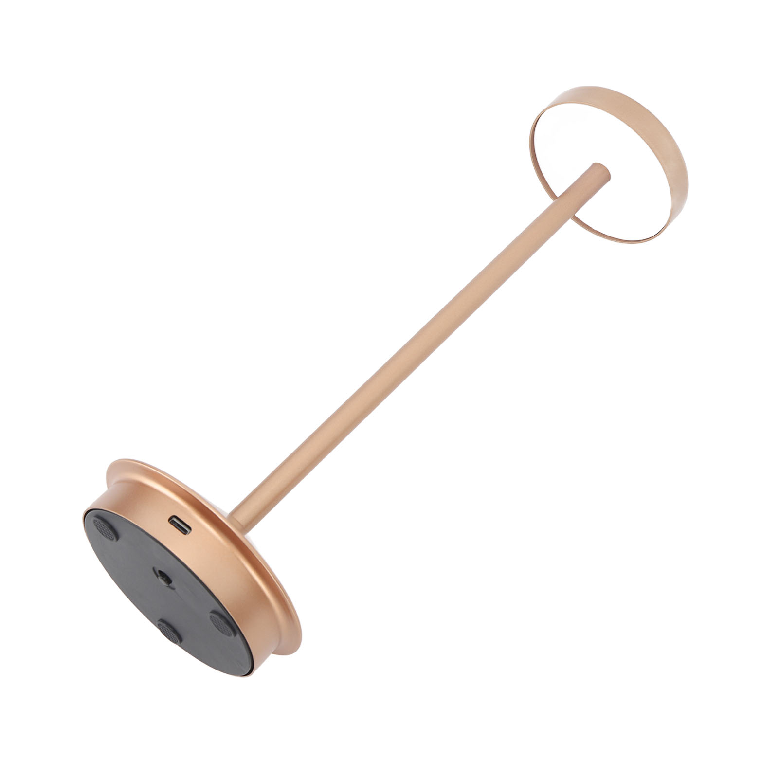 Goldene Lampe mit kreisförmigem Oberteil, langem Schaft und kreisförmigem Sockel.