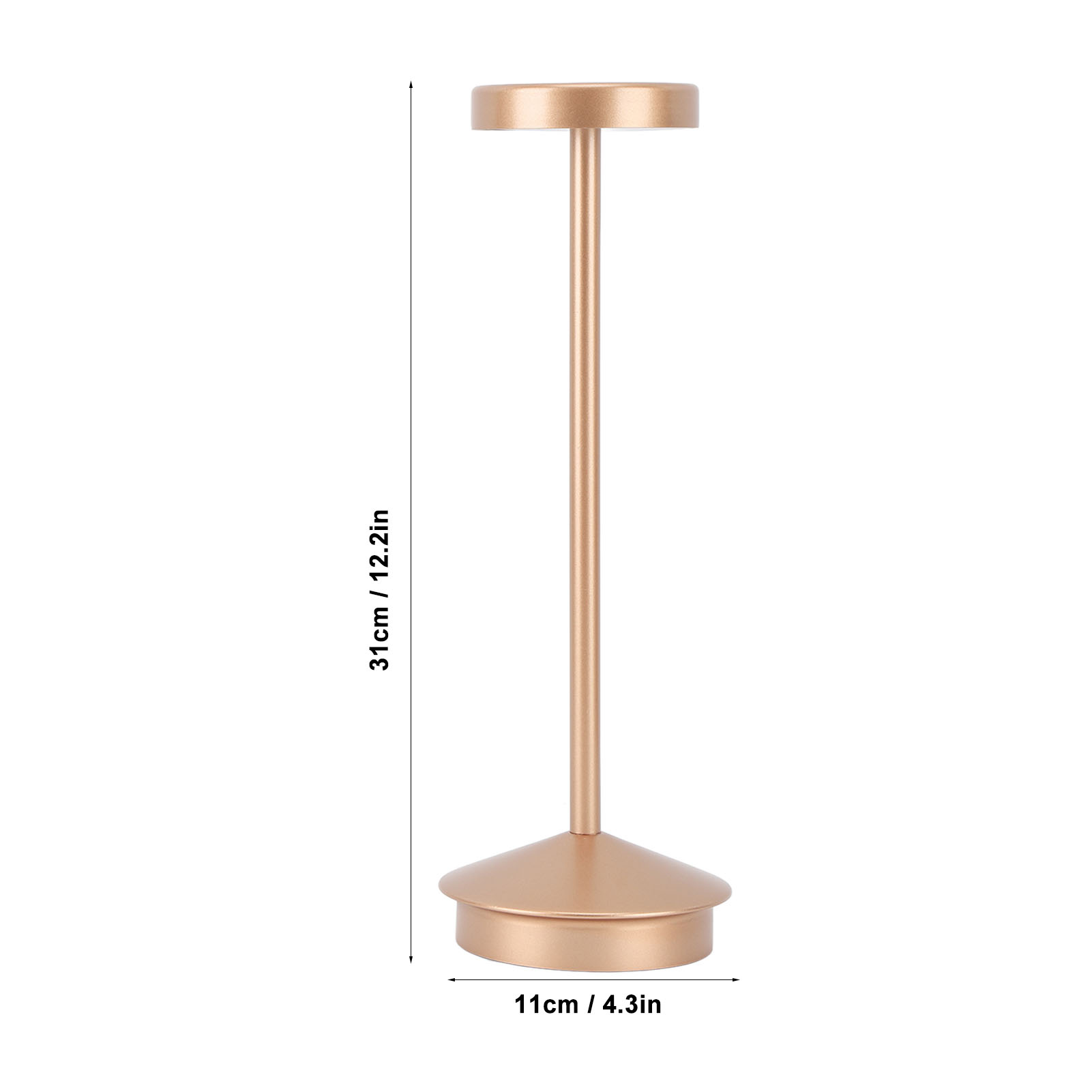 Goldfarbene Tischlampe, mit zylindrischem Sockel und hohem Stiel.