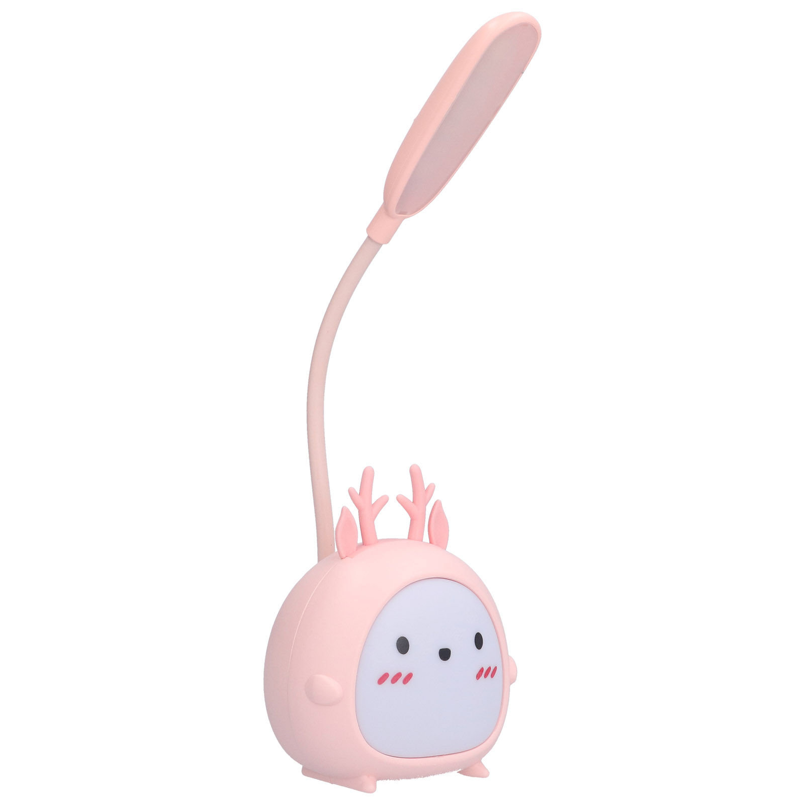 Eine rosa Cartoon-Lampe in Form eines Rehs. Sie hat einen gebogenen Arm und ein flaches Licht.