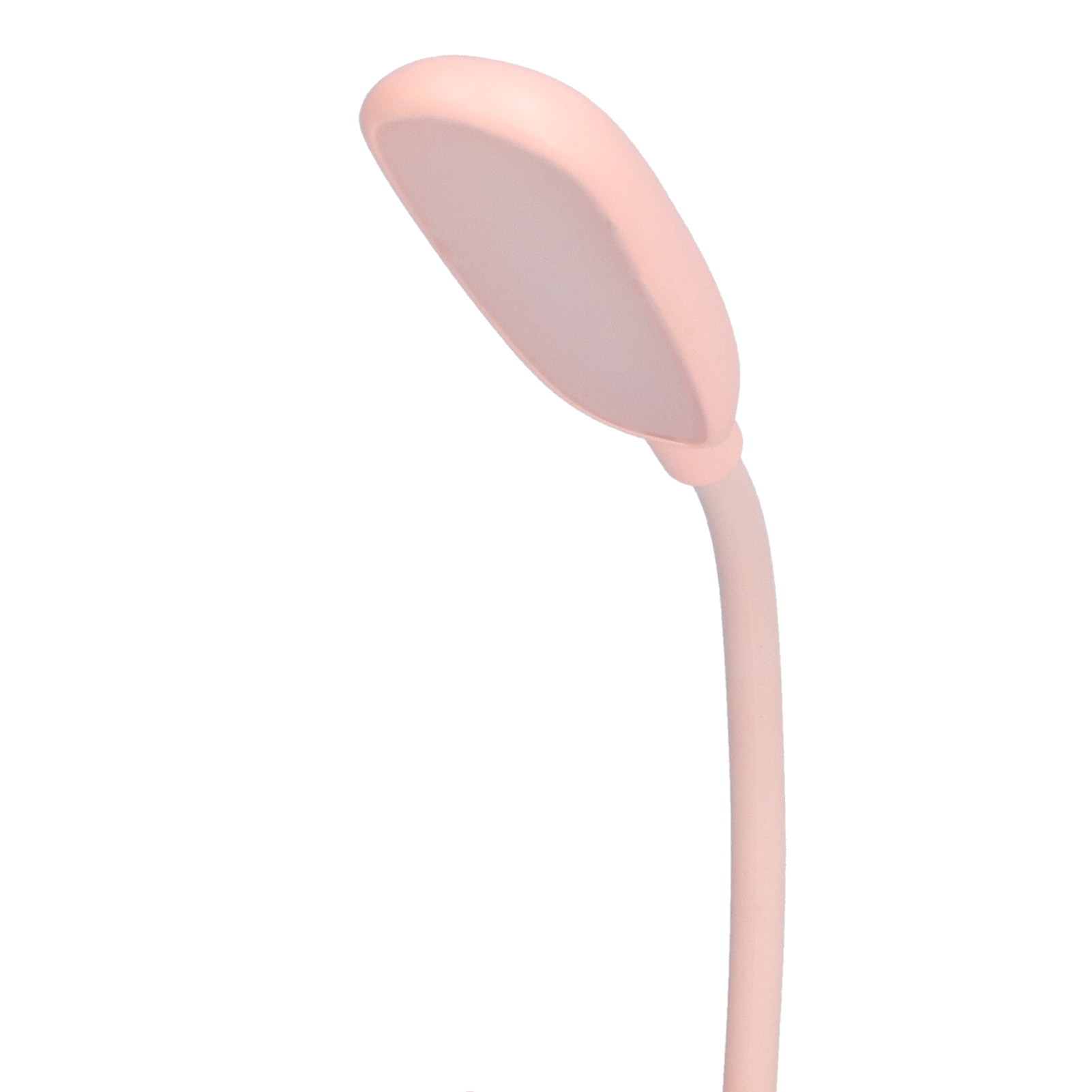 Eine rosa Schreibtischlampe mit gebogenem Hals und einem leuchtenden Kopf. Der Hintergrund ist weiß.