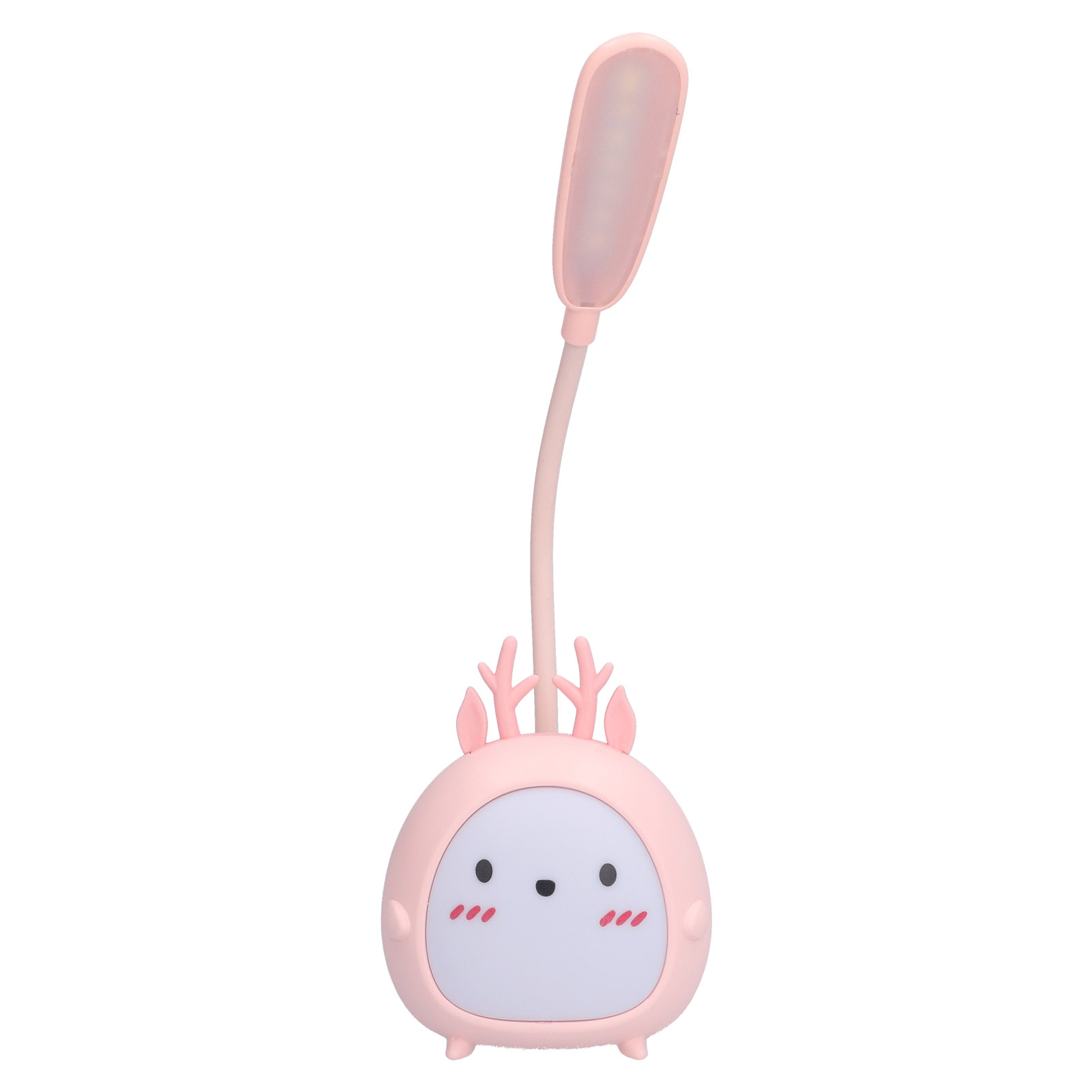 Eine rosa Cartoon-Lampe in Form eines Hirsches mit flexiblem Hals und LED-Lichtstreifen.