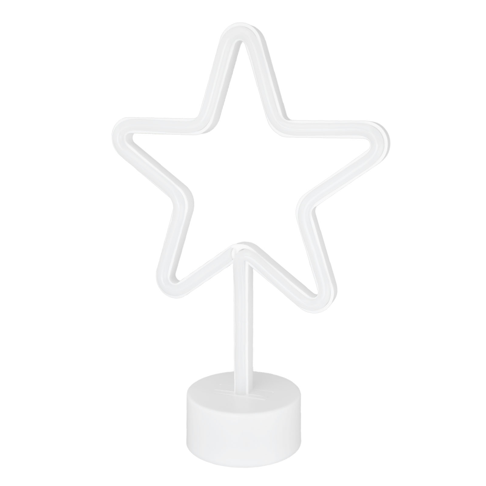 Weißes Stern-Neonlicht. Auf weißer Basis. Einfaches Design, steht aufrecht. Weißer Hintergrund.