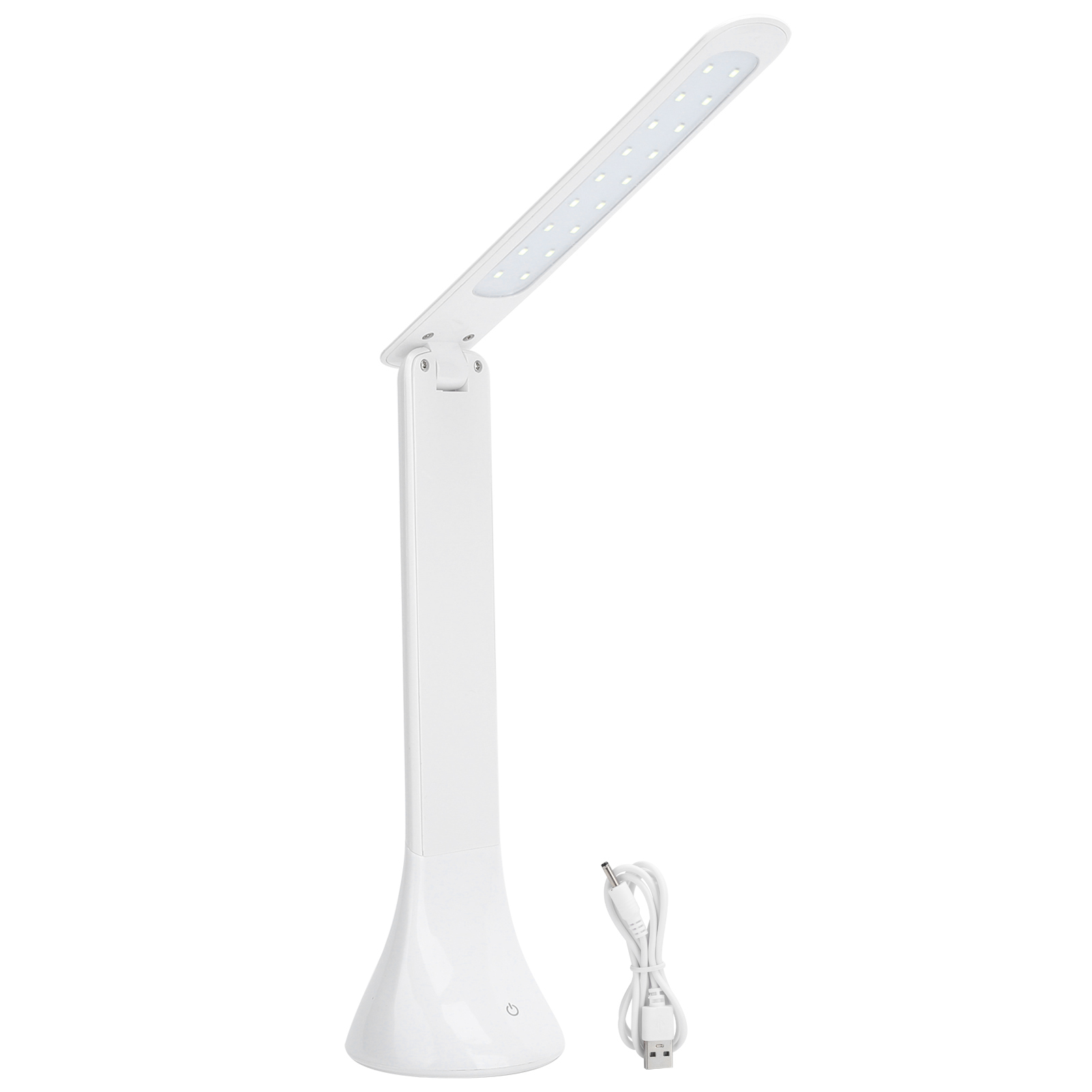 Weiße LED-Schreibtischlampe mit verstellbarem Arm und USB-Kabel.