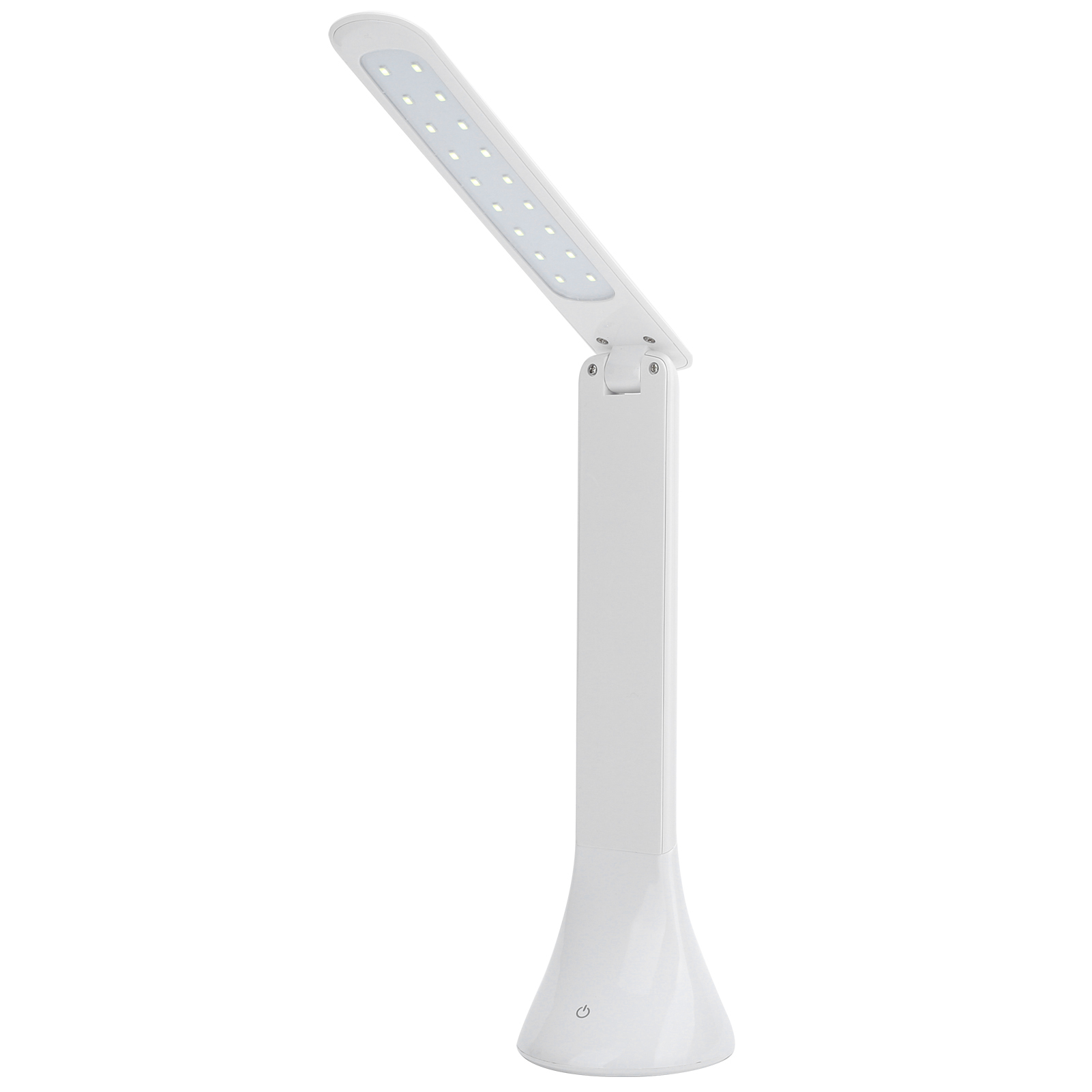 Weiße Schreibtischlampe mit verstellbarem Lichtpaneel, isoliert auf Weiß.