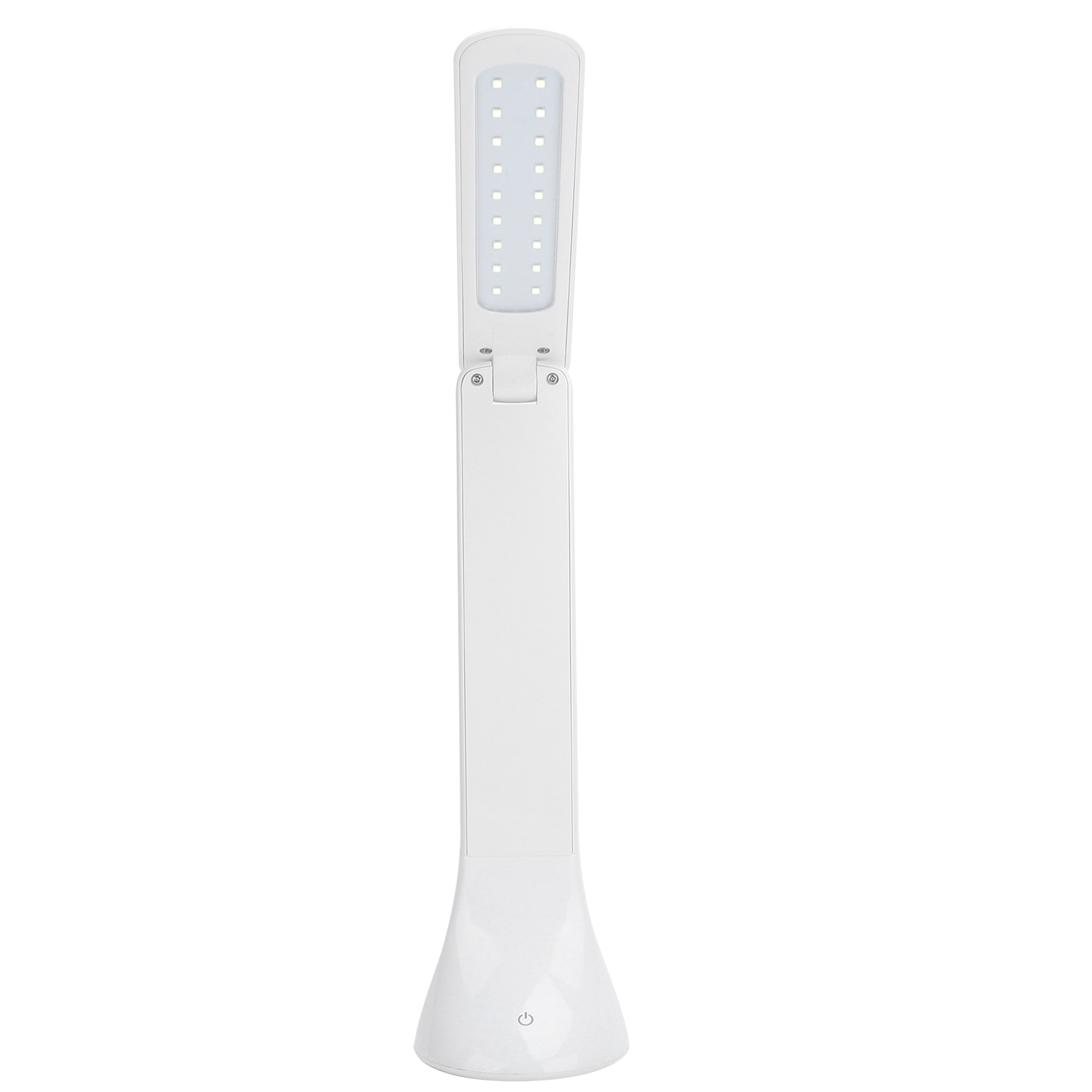Weiße LED-Schreibtischlampe. Sie hat einen langen, verstellbaren Hals und eine berührungsempfindliche Basis.