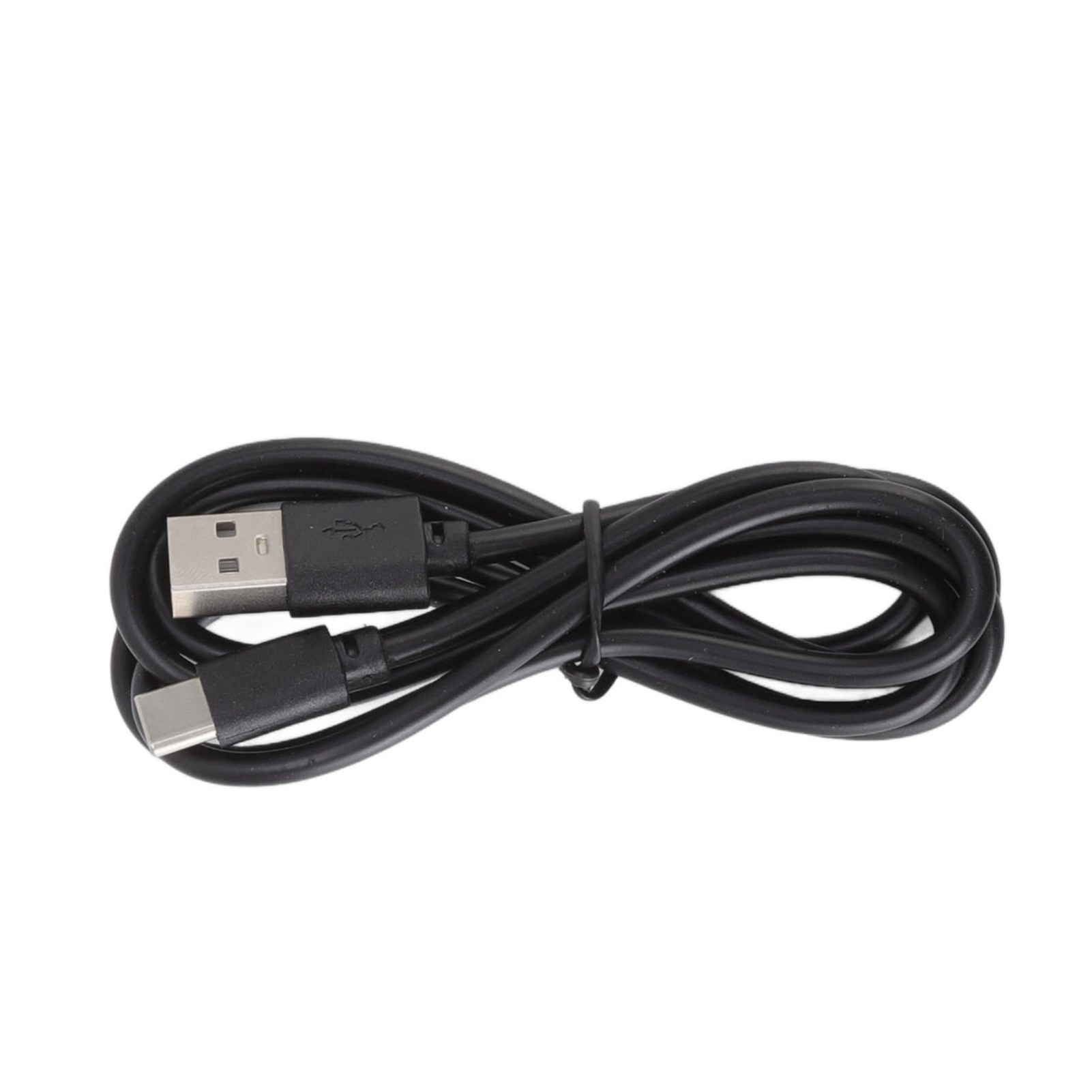 Schwarzes USB-zu-USB-C-Kabel. Es ist aufgerollt und einsatzbereit. Weißer Hintergrund.