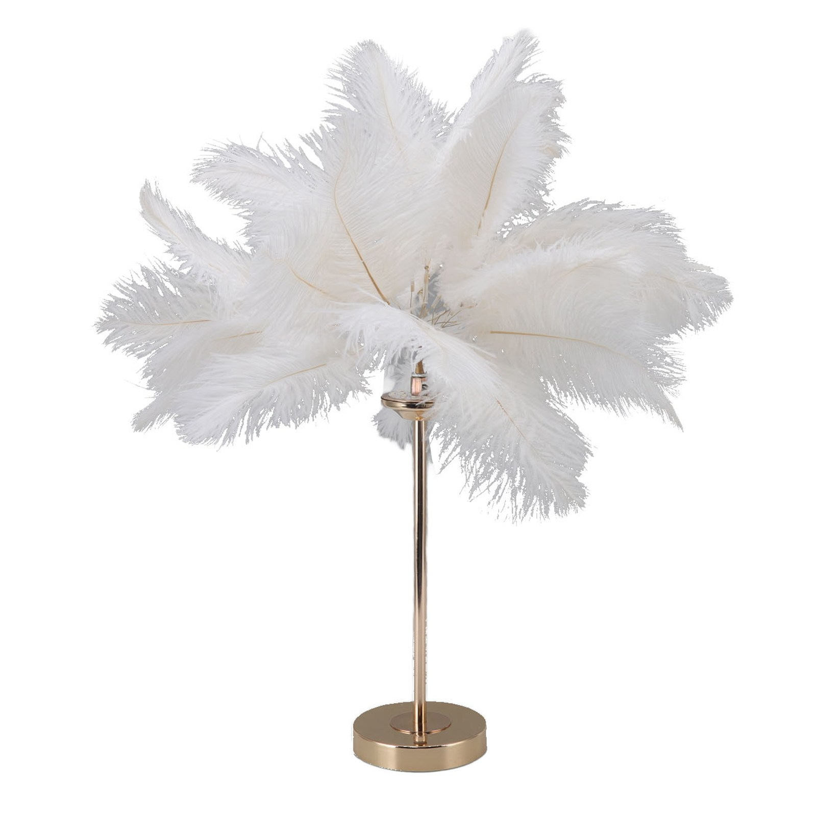 Eine goldfarbene dekorative Lampe mit weißen Straußenfedern.