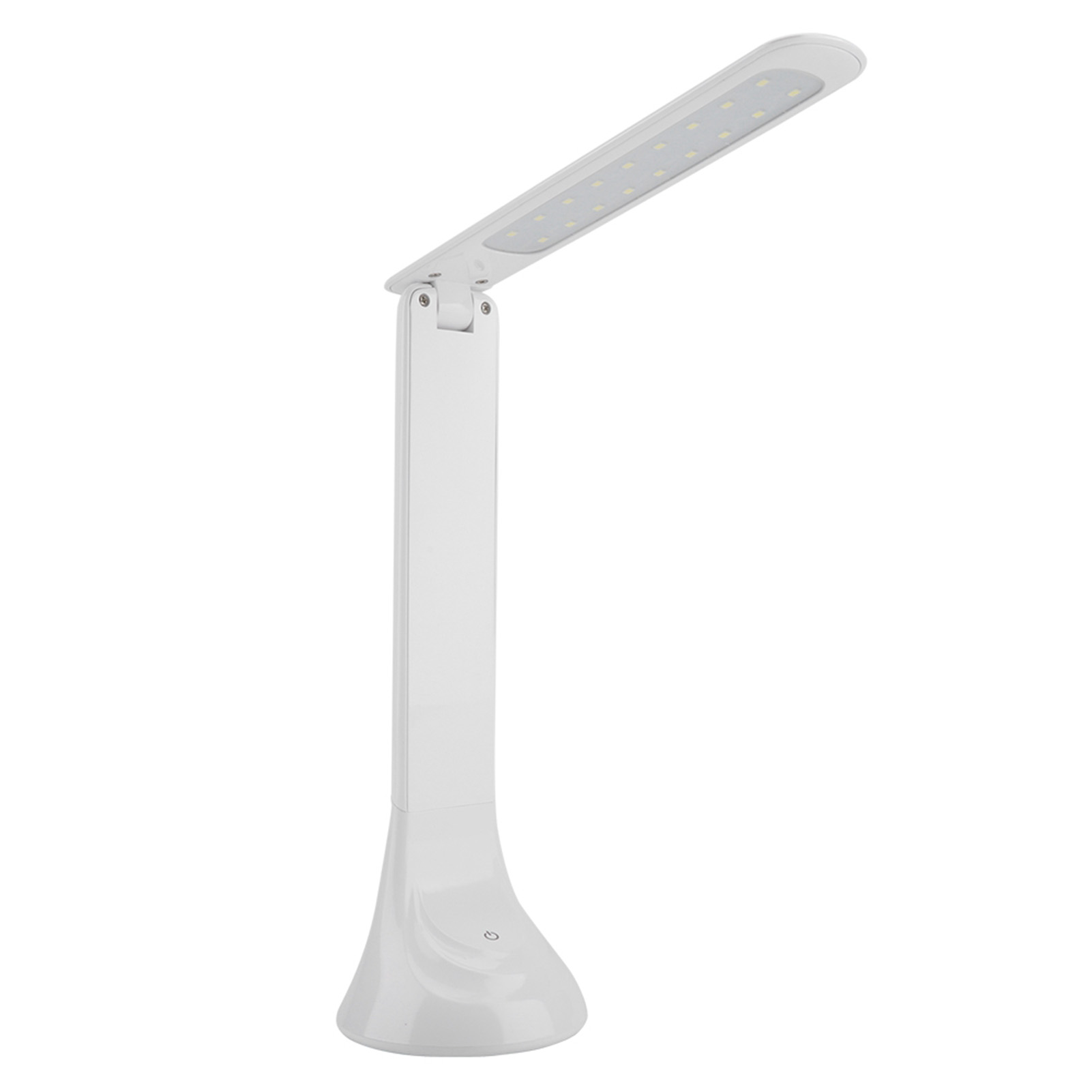 Weiße LED-Schreibtischlampe mit verstellbarem Arm, auf weißem Hintergrund.